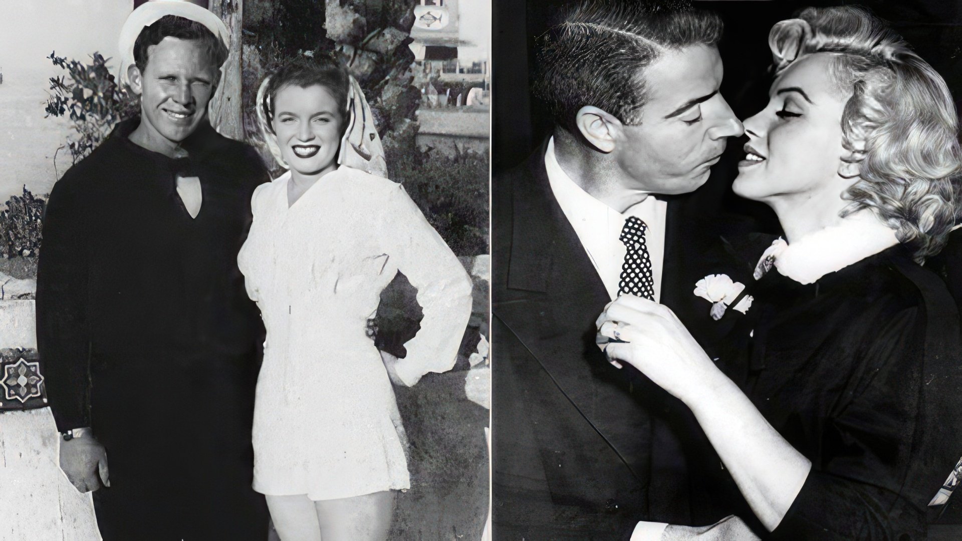 Marilyn Monroe și foștii ei soți: James Dougherty (stânga) și Joe DiMaggio (dreapta)