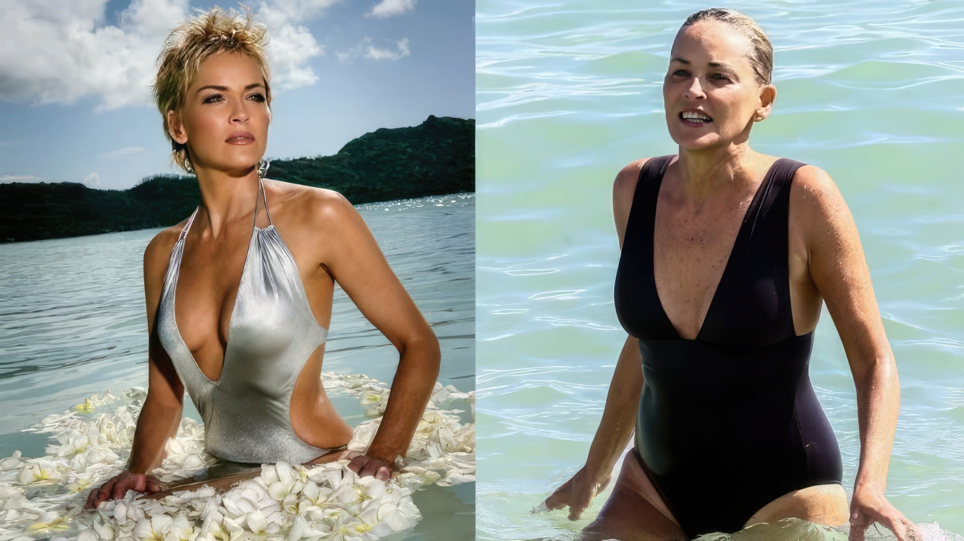 Sharon Stone în costum de baie: atunci și acum