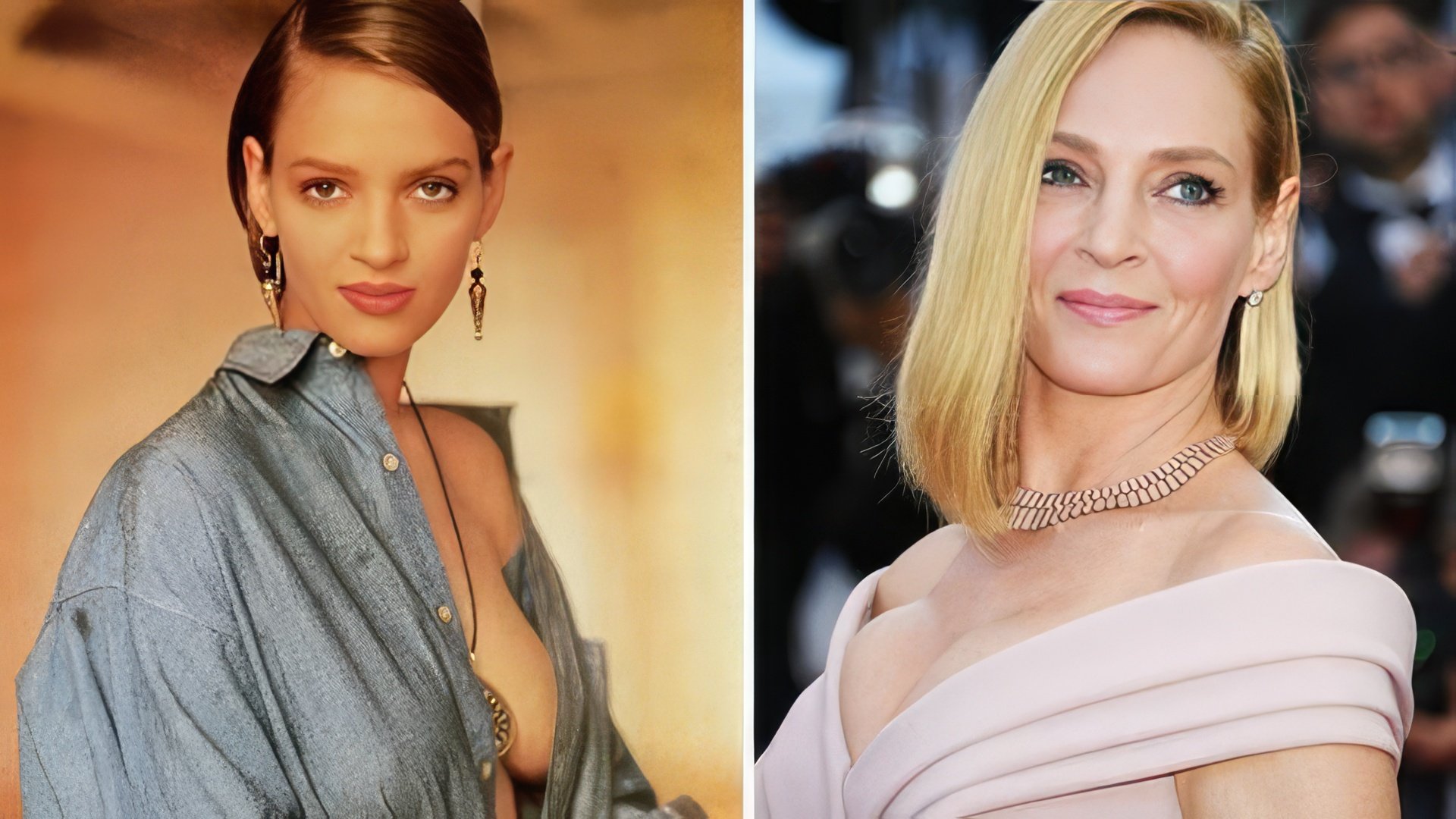 Uma Thurman în tinerețe și acum