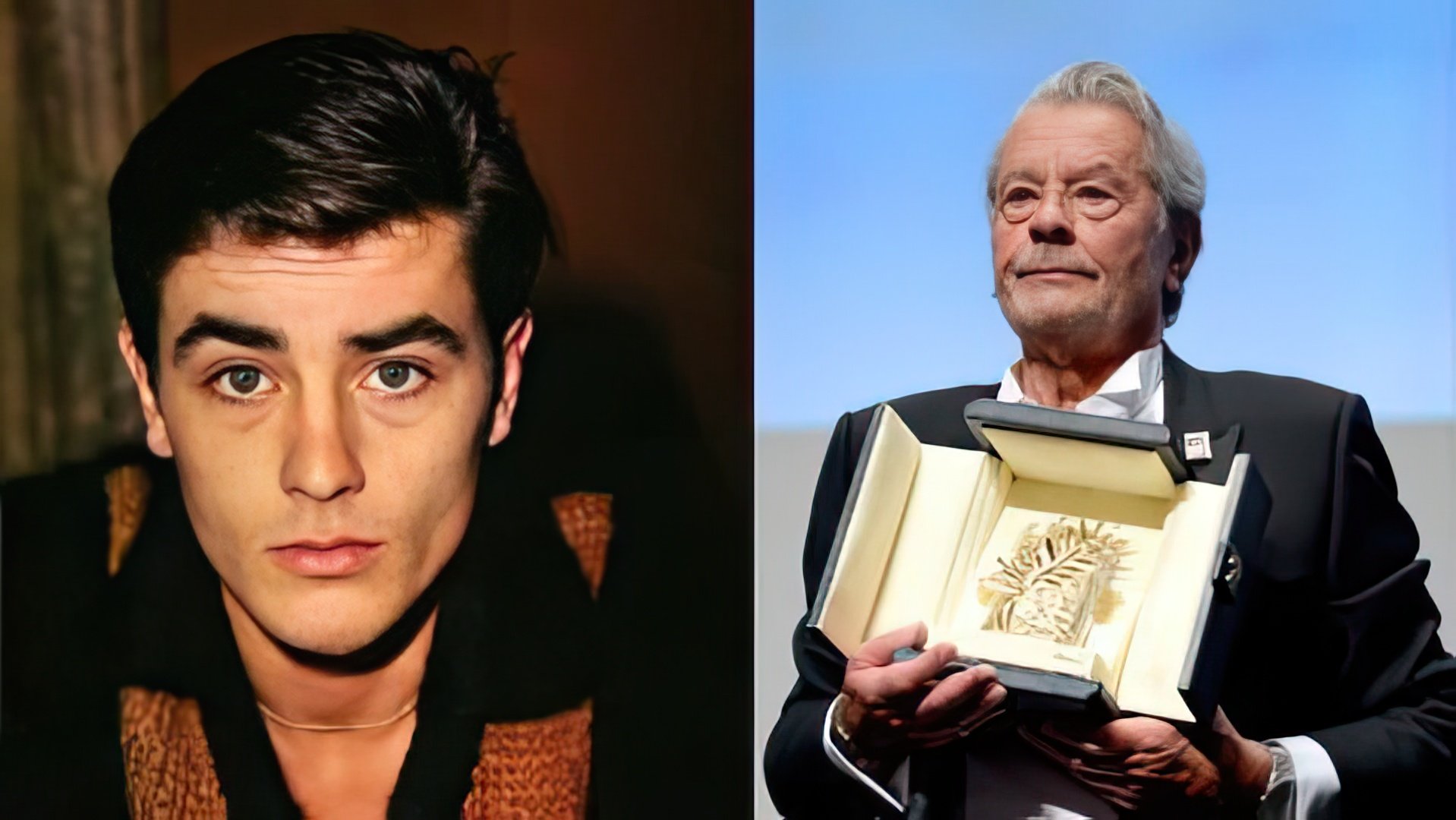 Alain Delon în tinerețe și mai târziu (Cannes 2019)