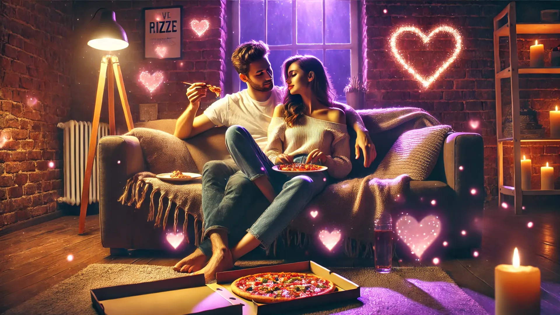 Un cuplu îndrăgostit stă pe canapea și mănâncă pizza, o atmosferă romantică cu inimi