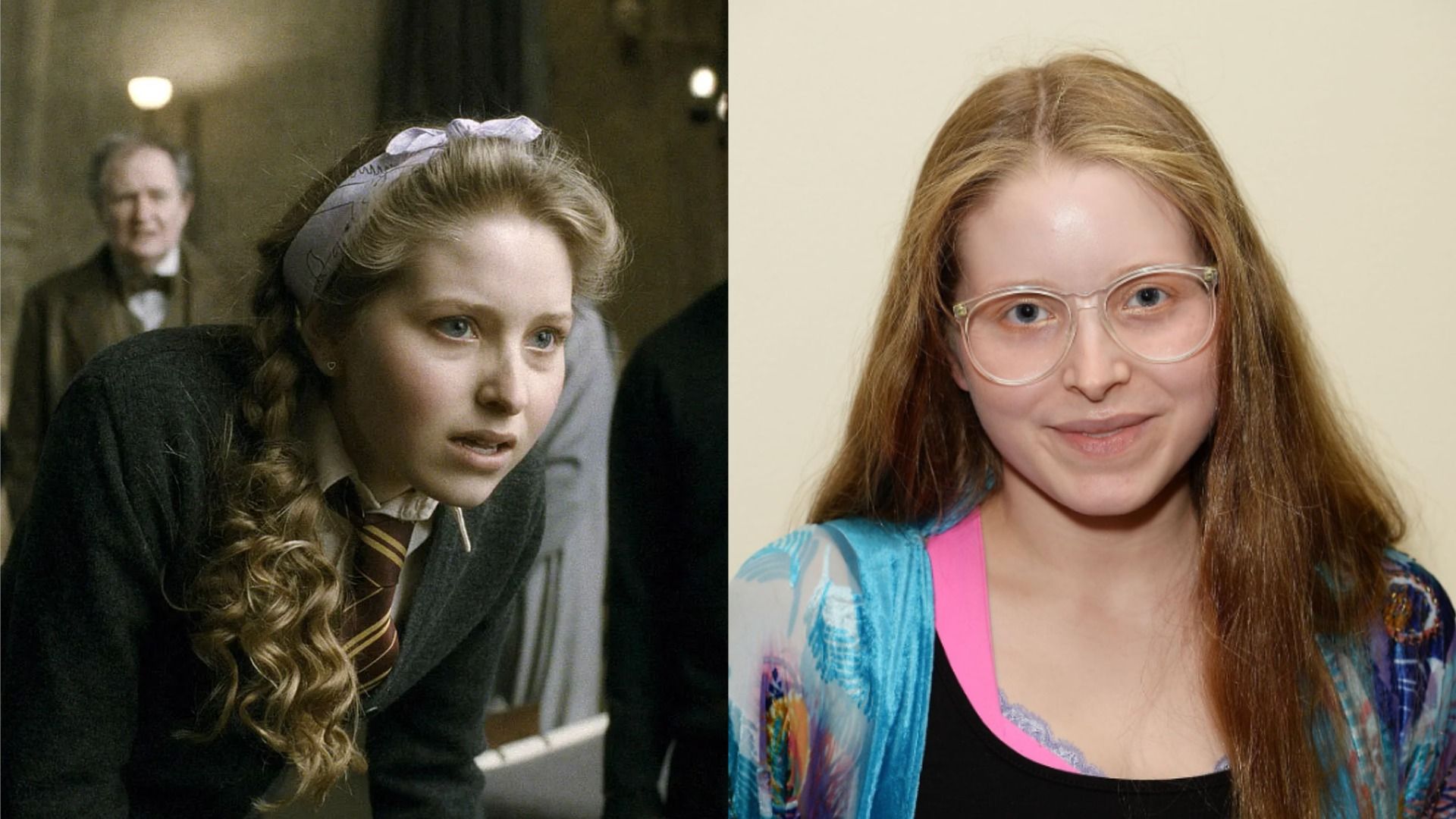 Actrița Jessie Cave ca Lavender Brown din filmul Harry Potter, îmbrăcată în uniformă școlară