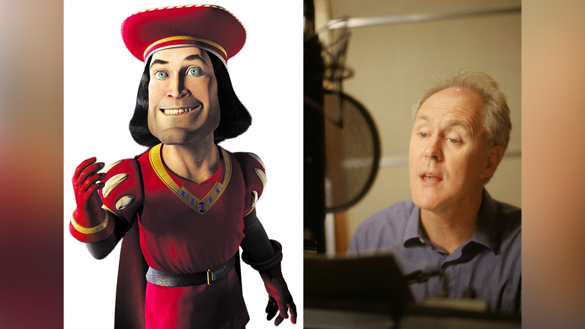 Colaj: în stânga personajul Lord Farquaad din filmul de animație "Shrek"; în dreapta John Lithgow la microfon