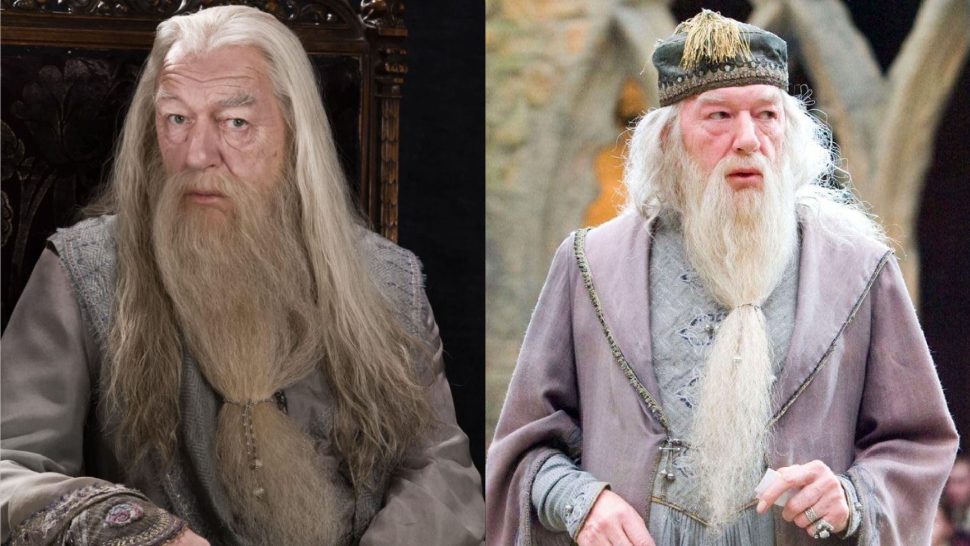 Actorul Michael Gambon cu barbă și păr lung stă pe un scaun și privește la cameră pe un fundal negru