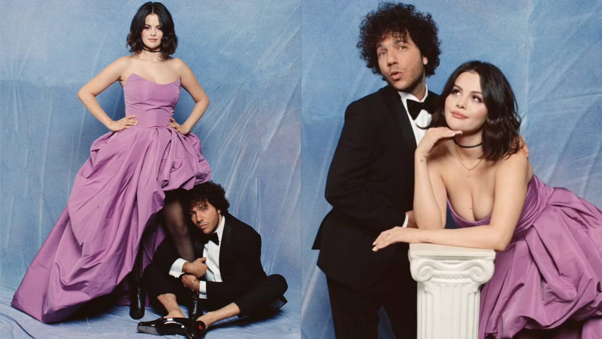 Cântăreața Selena Gomez pozează într-o rochie mov pe un fundal albastru, în timp ce logodnicul ei, Benny Blanco, o îmbrățișează în costum clasic