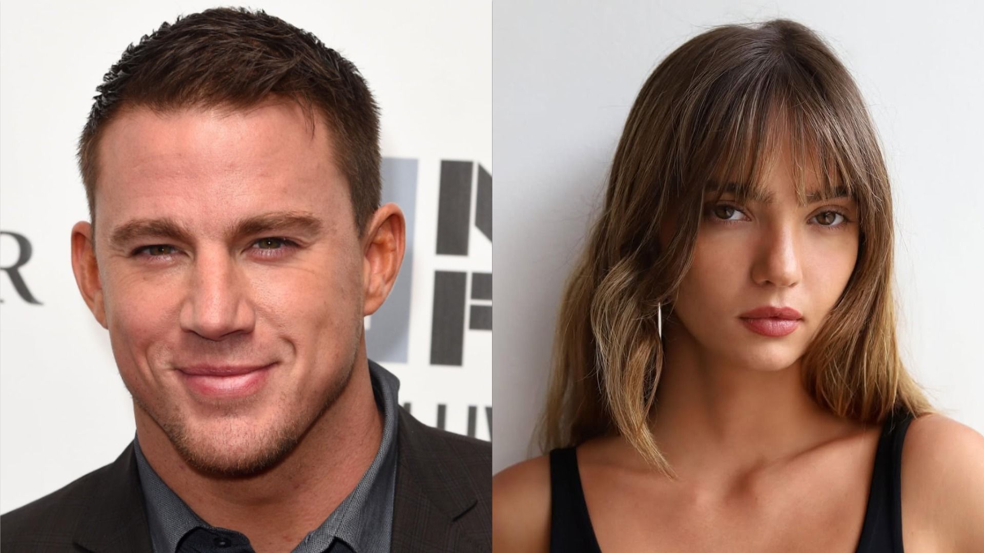 Actorul Channing Tatum zâmbește și privește către cameră purtând o jachetă pe un fundal roz, modelul Inka Williams pozează într-un top negru pe un perete alb