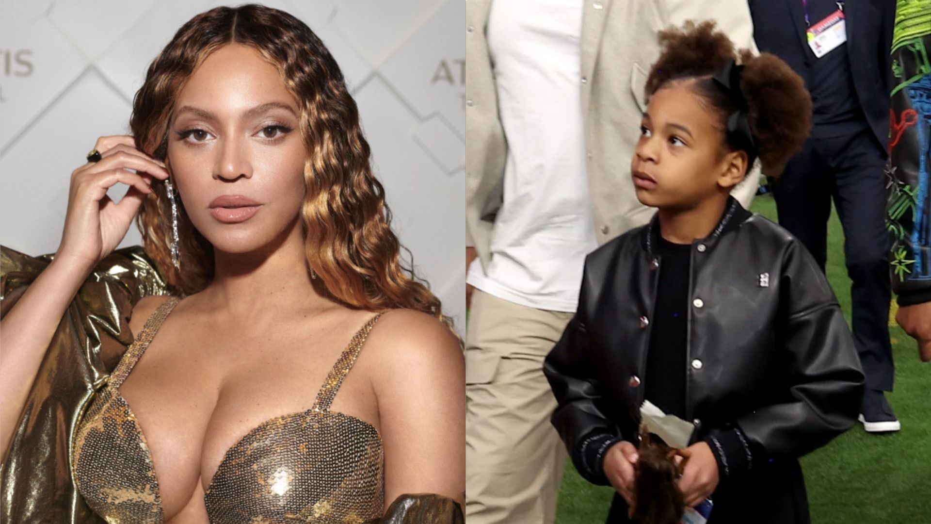 Cântăreața Beyoncé într-o rochie aurie privește spre cameră pe un fundal alb, iar fiica sa Rumi Carter într-o geacă de piele privește în altă parte, pe un fundal de oameni