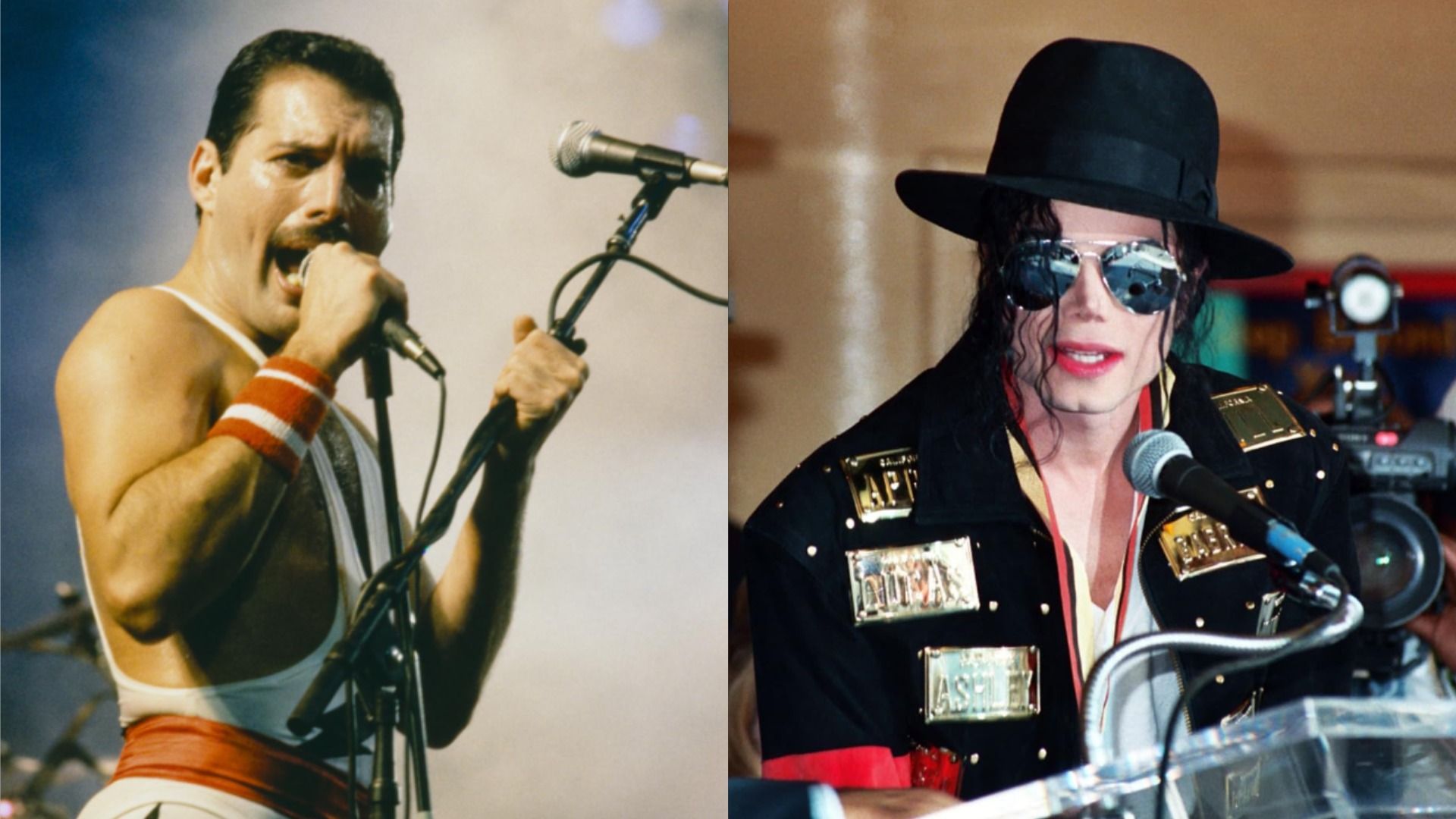 Cântărețul Freddie Mercury ține două microfoane și cântă pe un fundal alb-albastru, cântărețul Michael Jackson cu ochelari și pălărie vorbește la un microfon