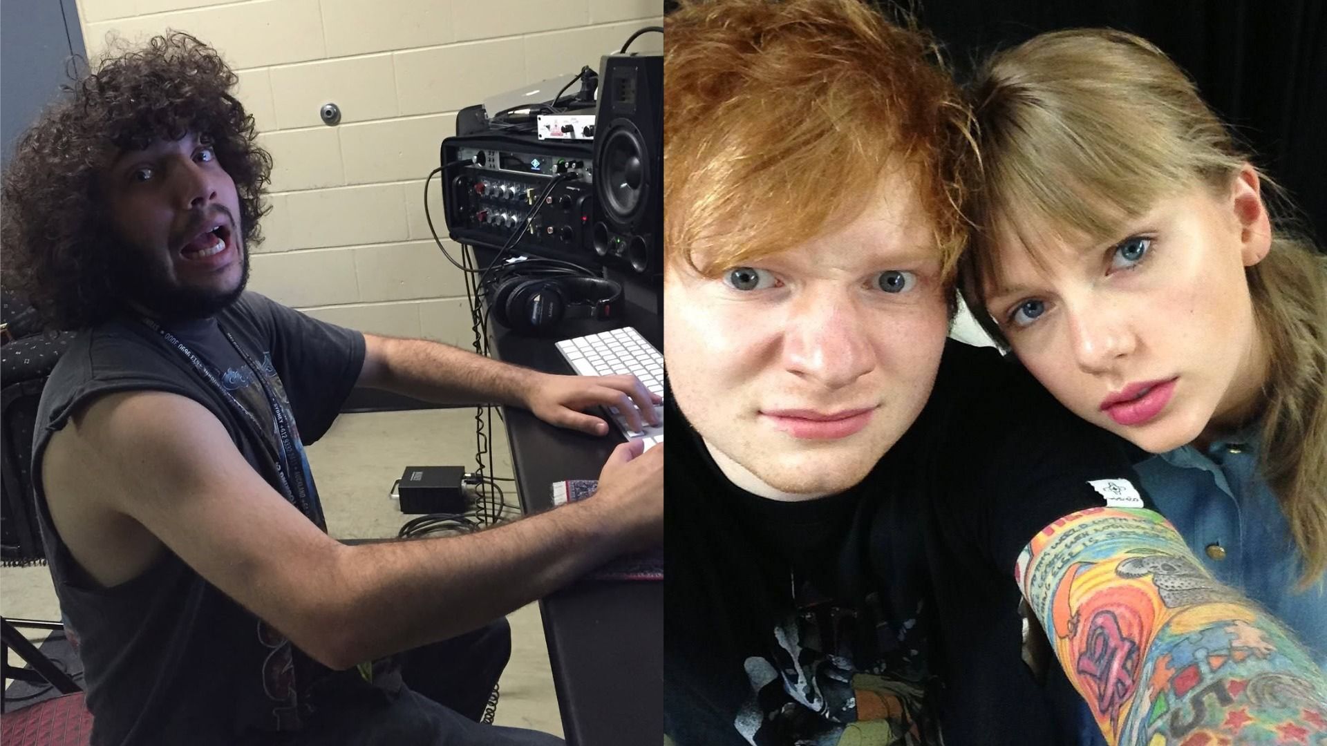 Producătorul Benny Blanco stă la masă cu gura deschisă și privește la cameră, cântăreții Ed Sheeran și Taylor Swift își fac un selfie privind la cameră
