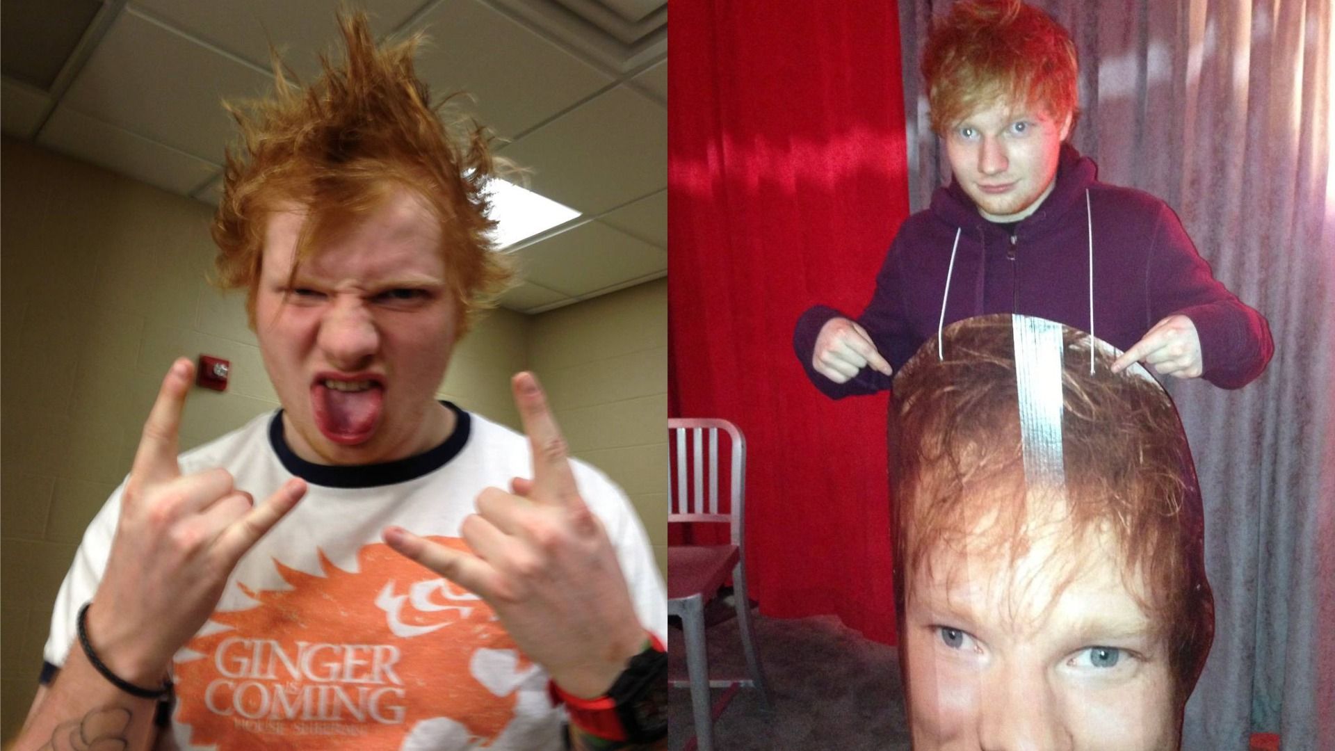 Cântărețul Ed Sheeran cu un mohawk arată un gest cu degetul arătător și degetul mic