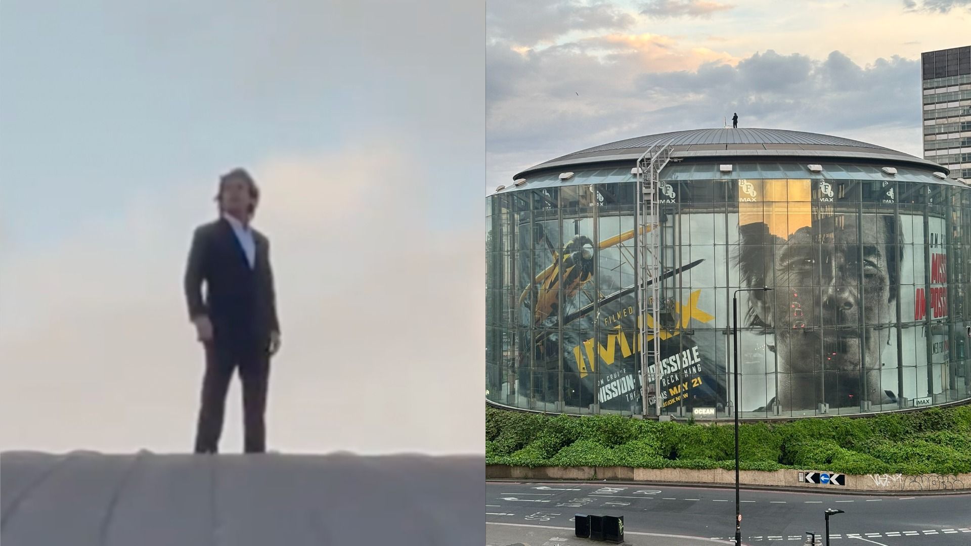 Actorul Tom Cruise în costum stă pe acoperișul unei clădiri înalte cu postere ale filmului 'Mission: Impossible – Dead Reckoning'