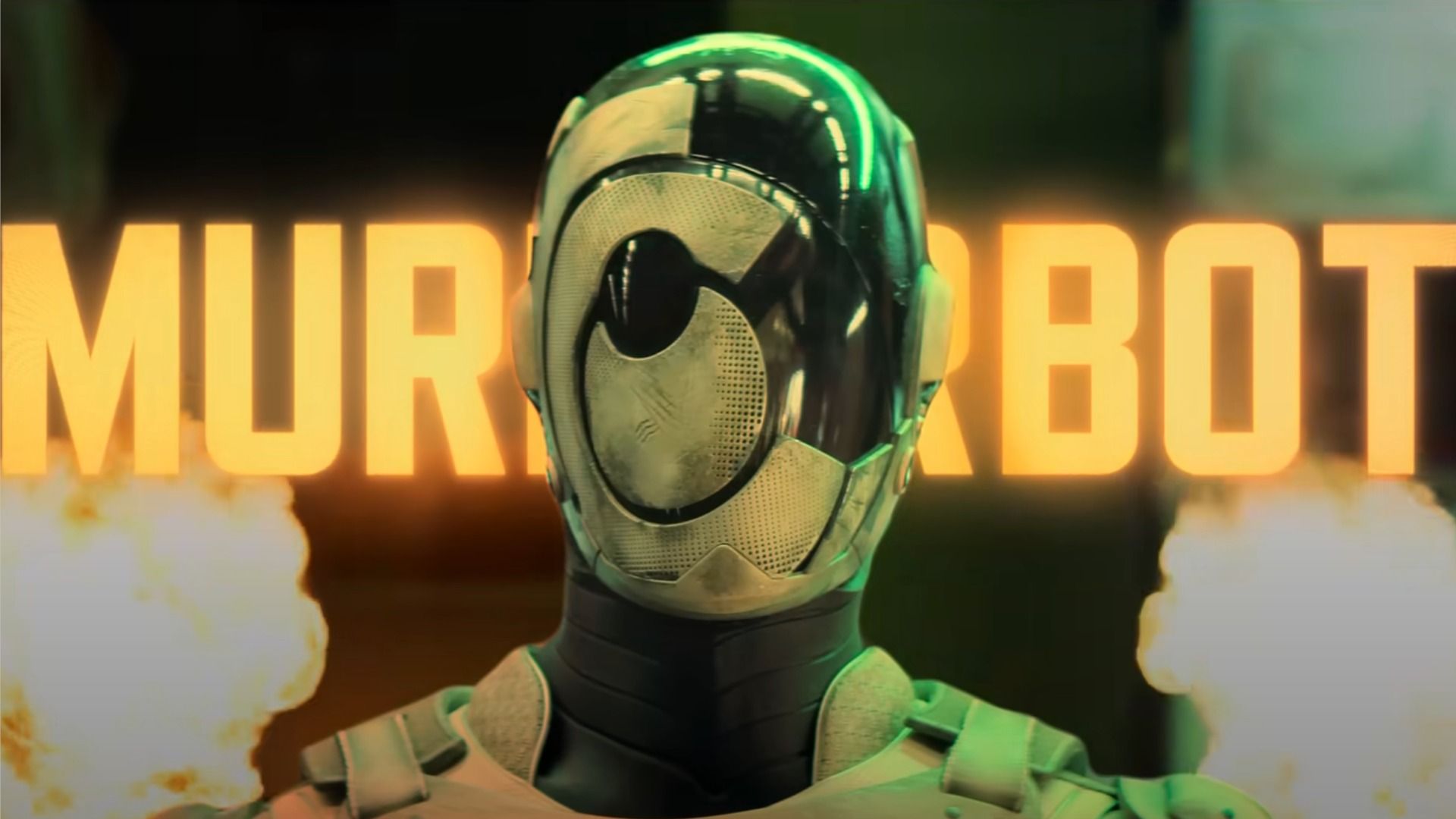 Actorul Alexander Skarsgård într-un costum de robot se uită la cameră pe fundalul unei explozii
