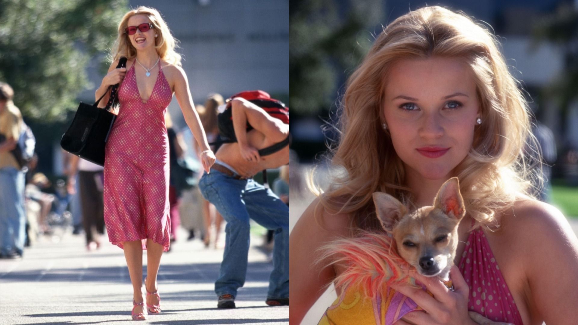 Actrița Reese Witherspoon într-o rochie roz și cu o geantă neagră merge pe stradă și zâmbește pe fundalul trecătorilor