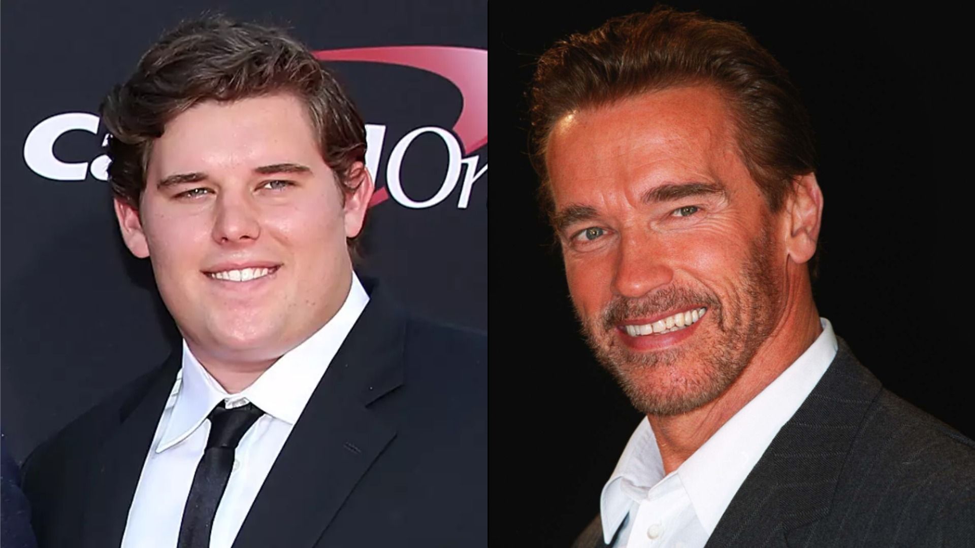 Arnold Schwarzenegger și fiul său Christopher în jachete negre zâmbesc și privesc la cameră