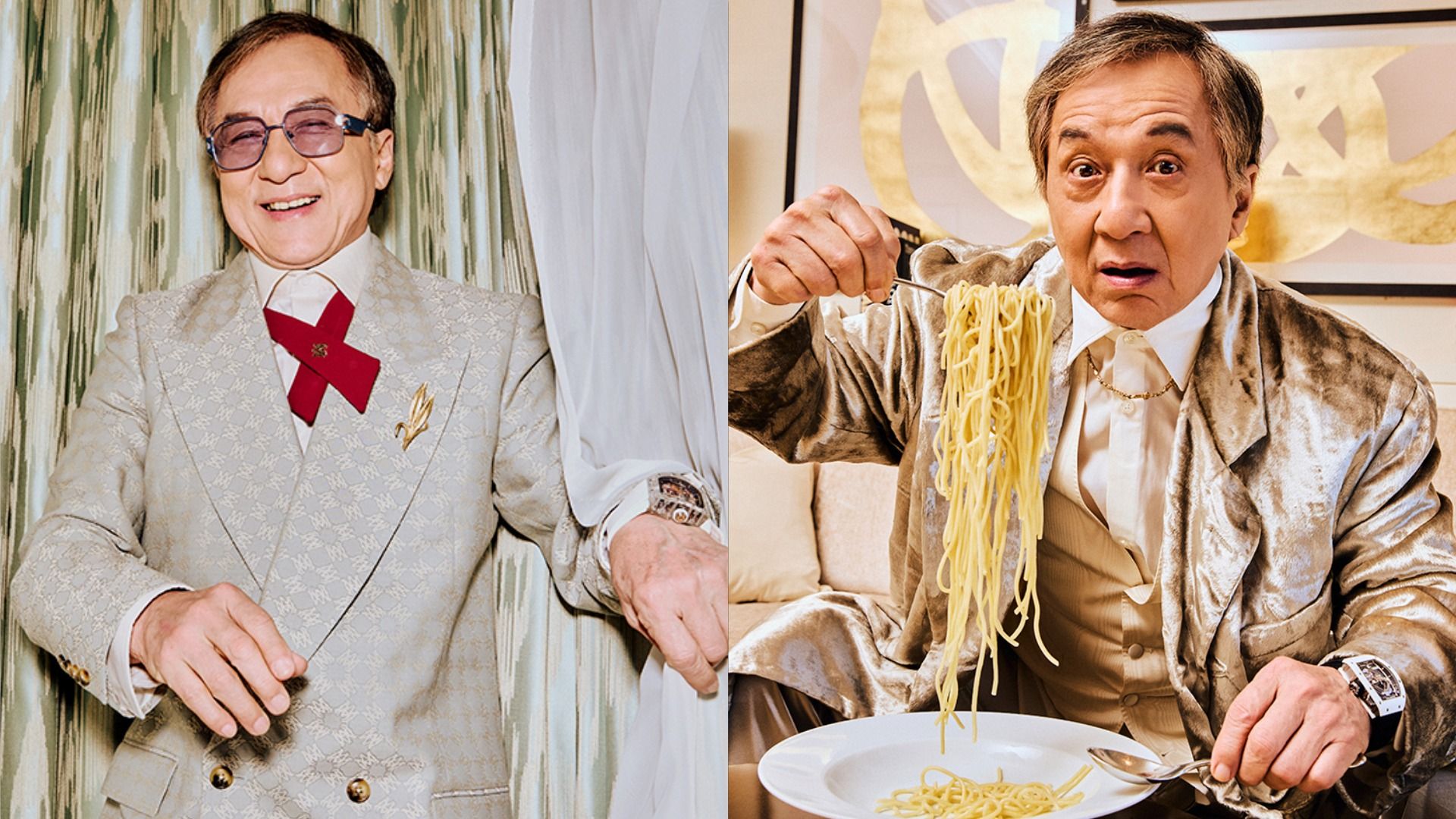 Actorul Jackie Chan într-o jachetă de catifea, privindu-se surprins la cameră, aducând o furculiță cu spaghete la gură
