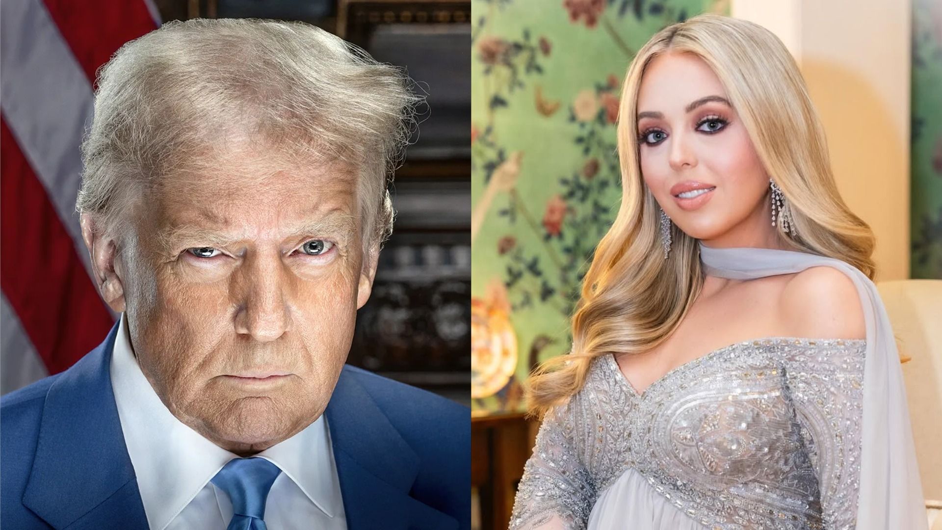 Președintele SUA Donald Trump într-o jachetă albastră se uită la cameră pe fundalul unui steag, fiica sa Tiffany într-o rochie albă zâmbește la cameră pe un perete verde