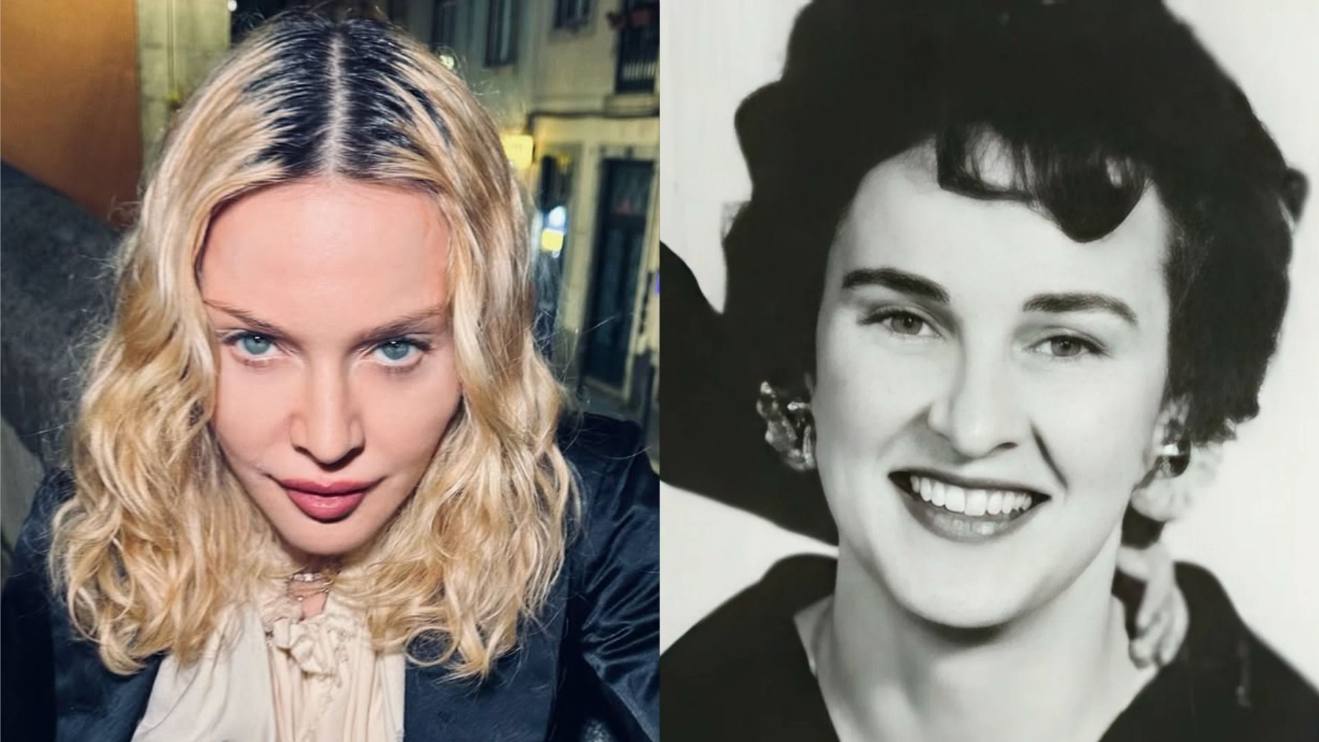 Cântăreața Madonna într-o jachetă neagră privește către cameră cu un zâmbet pe jumătate, pe fundalul unei clădiri, mama Madonnei cu părul negru și îmbrăcată în negru zâmbește către cameră pe un fundal alb
