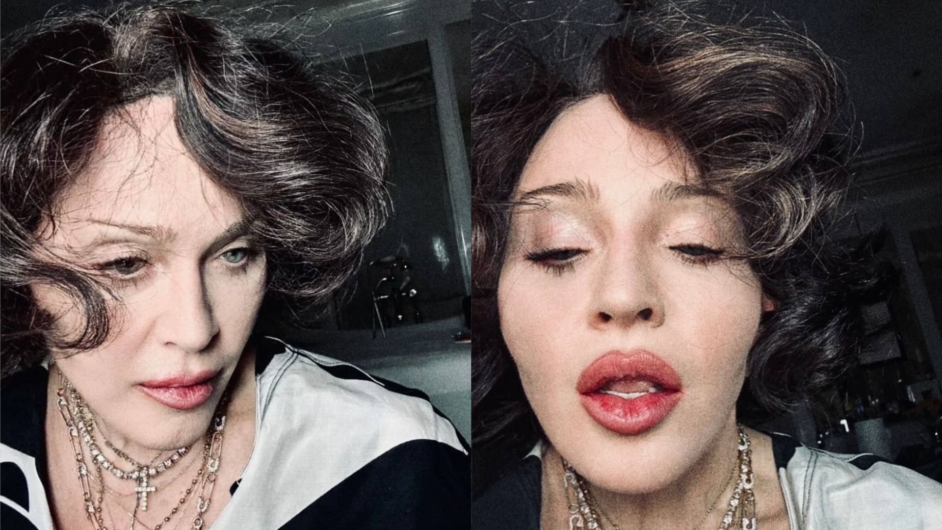 Cântăreața Madonna cu părul negru și lanțuri în jurul gâtului privește în lateral pe fundalul unei ferestre