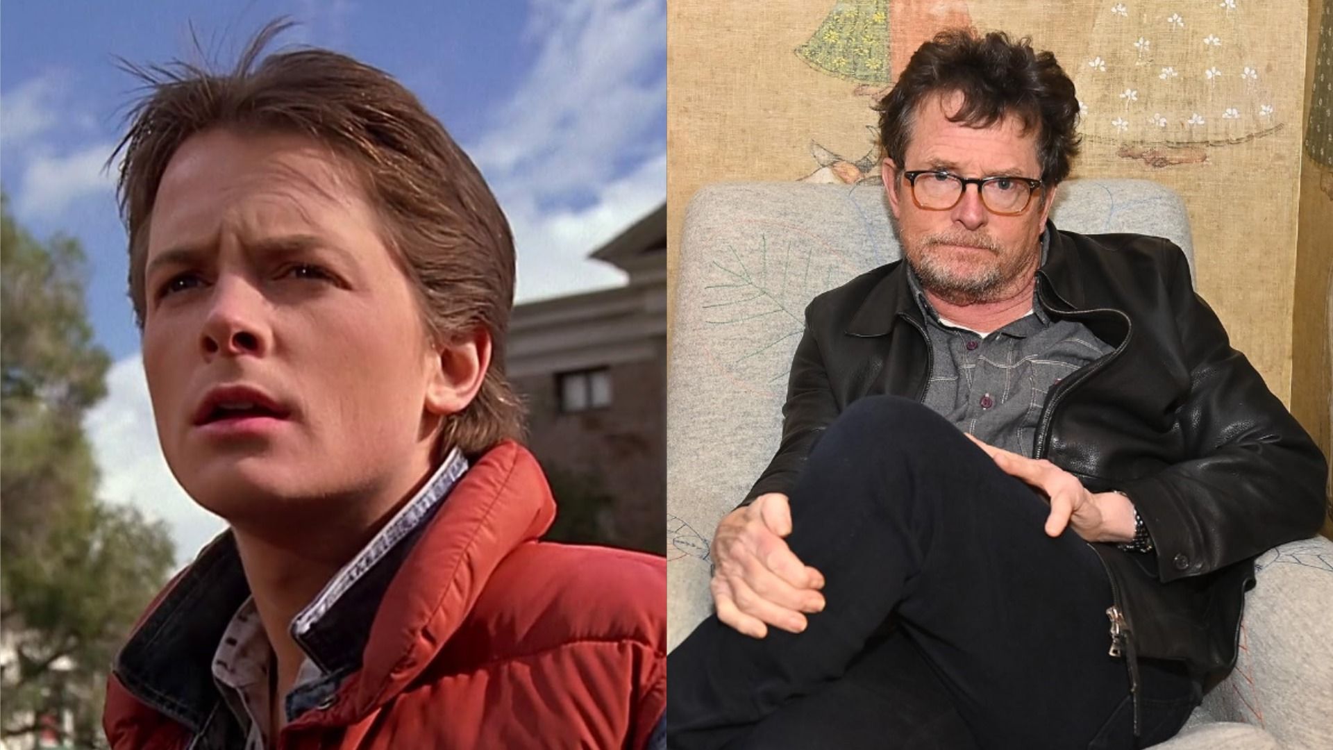 Actorul Michael J. Fox pe platoul de filmare al 'Back to the Future' într-o vestă roșie pufoasă se uită în lateral, actorul într-o geacă de piele și ochelari stă într-un scaun în 2023