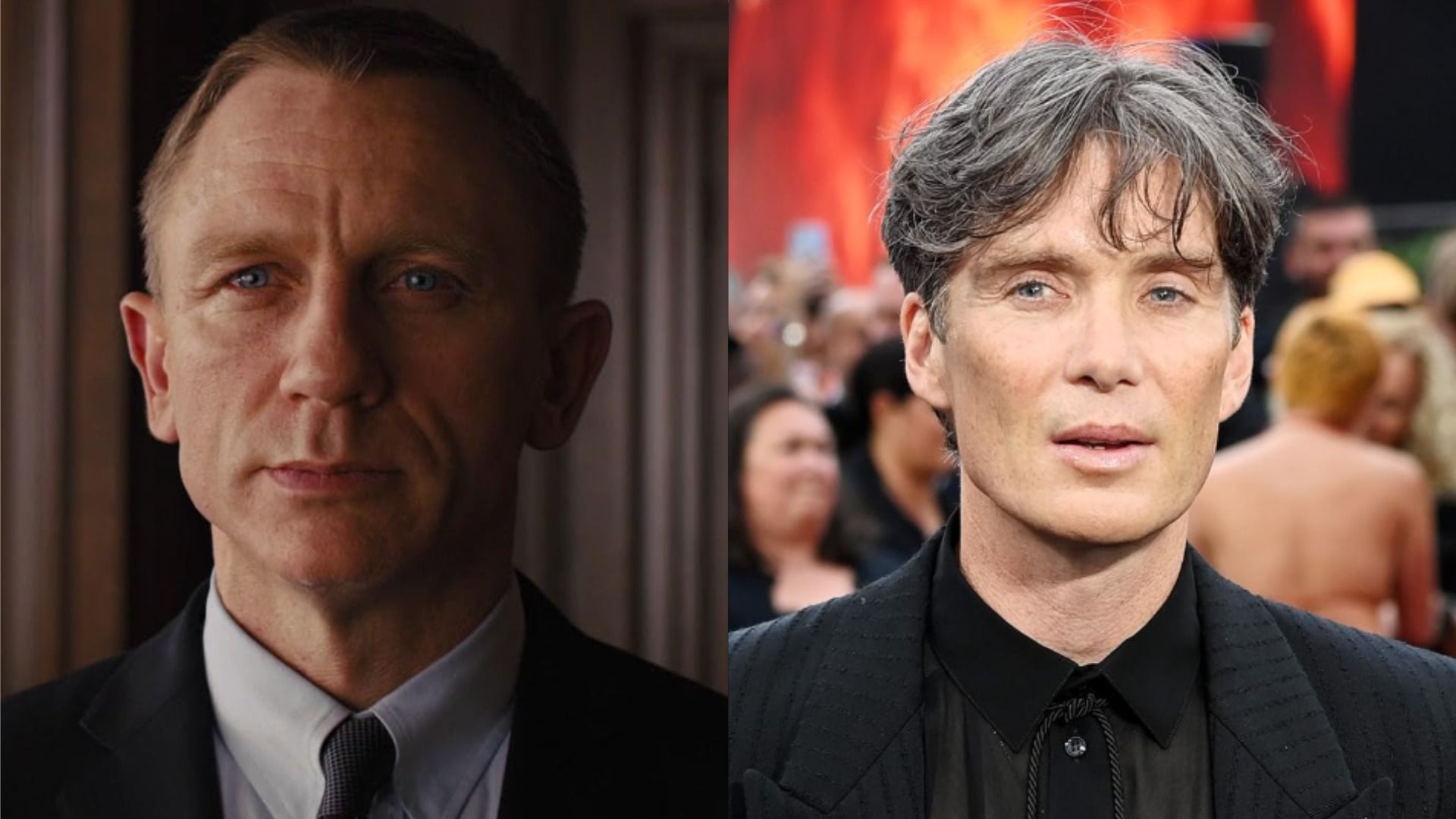 Actorul Daniel Craig într-o jachetă, cămașă albă și cravată privește la cameră, actorul Cillian Murphy într-o jachetă zâmbește pe un fundal de oameni neclar