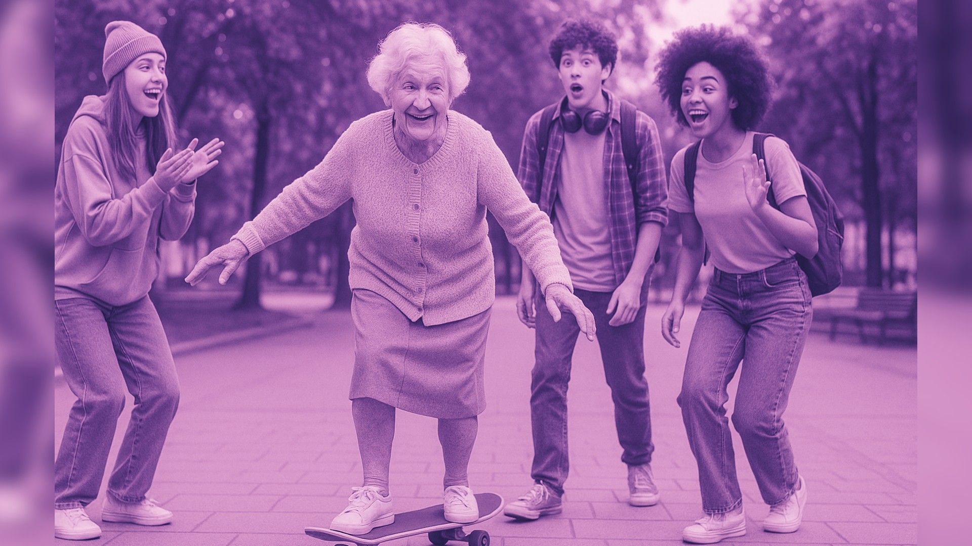 O bunică pe un skateboard, înconjurată de adolescenți care o privesc cu uimire și încântare.