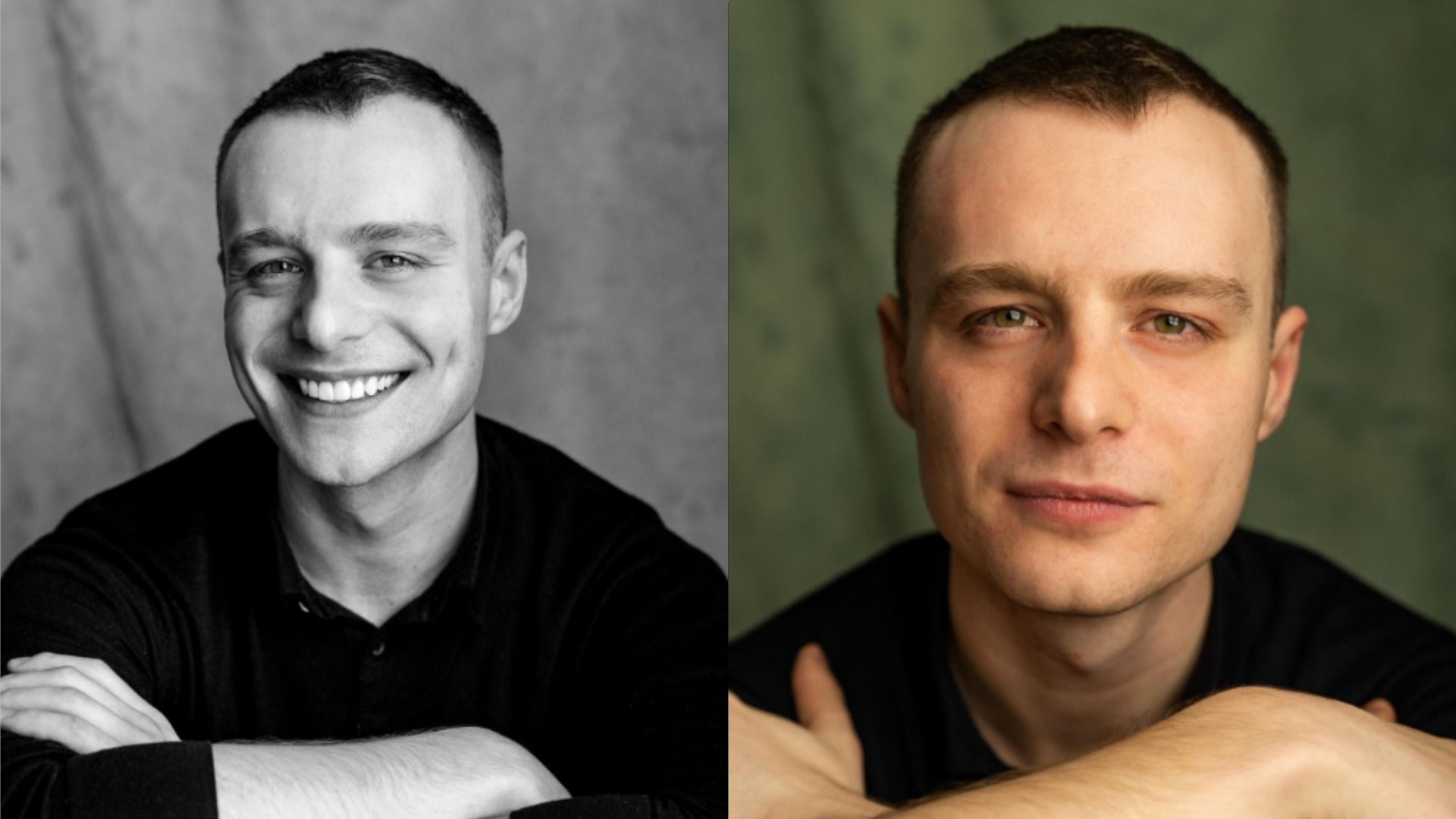 Actorul Luke Tallon zâmbind pe un perete verde