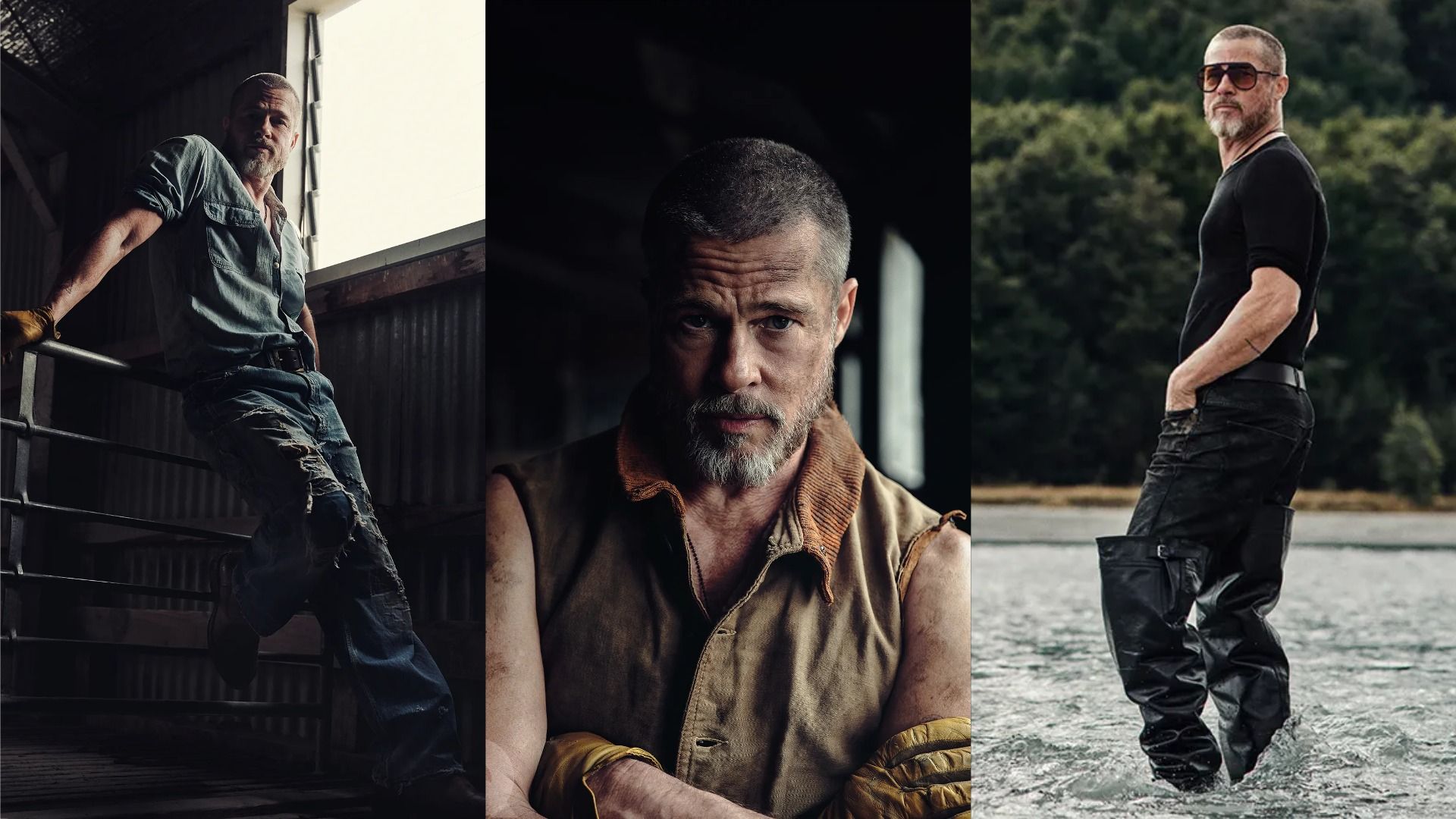Actorul Brad Pitt purtând cizme lungi, blugi rupți și haine murdare, pozând pe fundalul apei și al unei ferestre