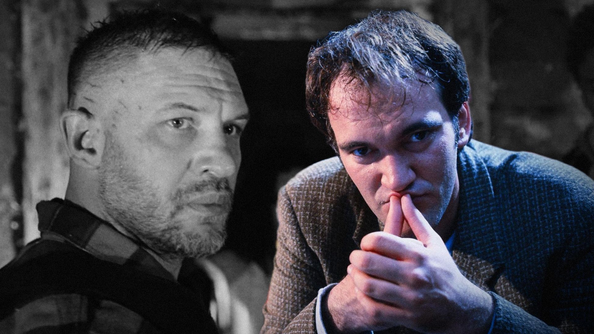 Actorul Tom Hardy privește lateral spre perete, regizorul Quentin Tarantino își ține capul cu mâinile