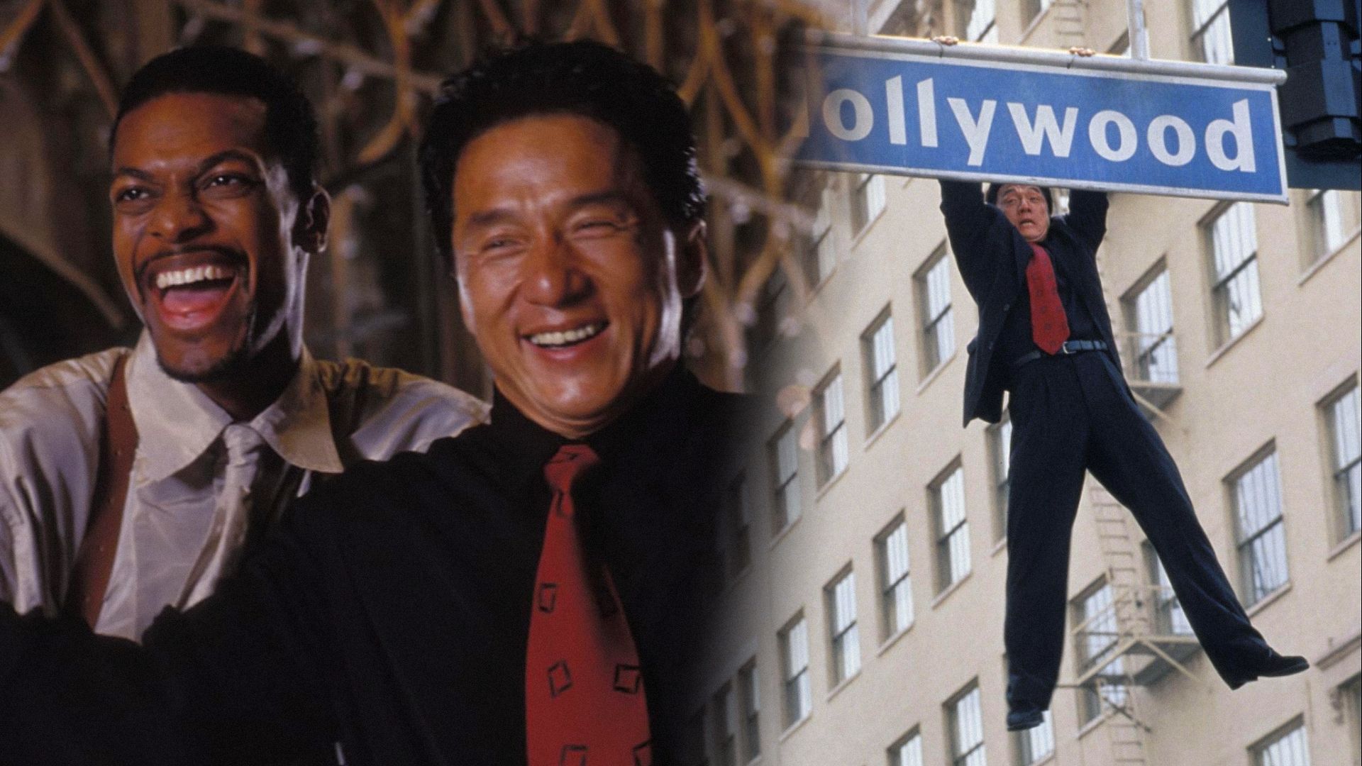 Actorii Jackie Chan și Chris Tucker zâmbind pe un fundal maro