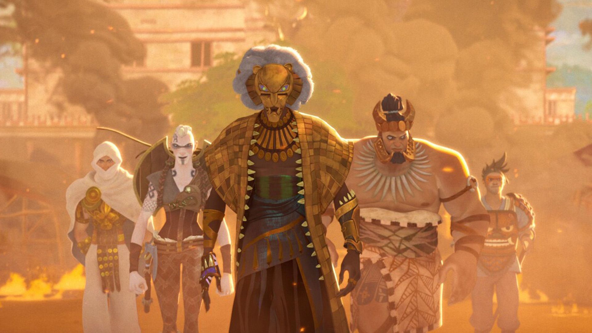 O scenă din filmul animat "Eyes of Wakanda": cinci personaje în costume colorate merg înainte într-o ceață portocalie