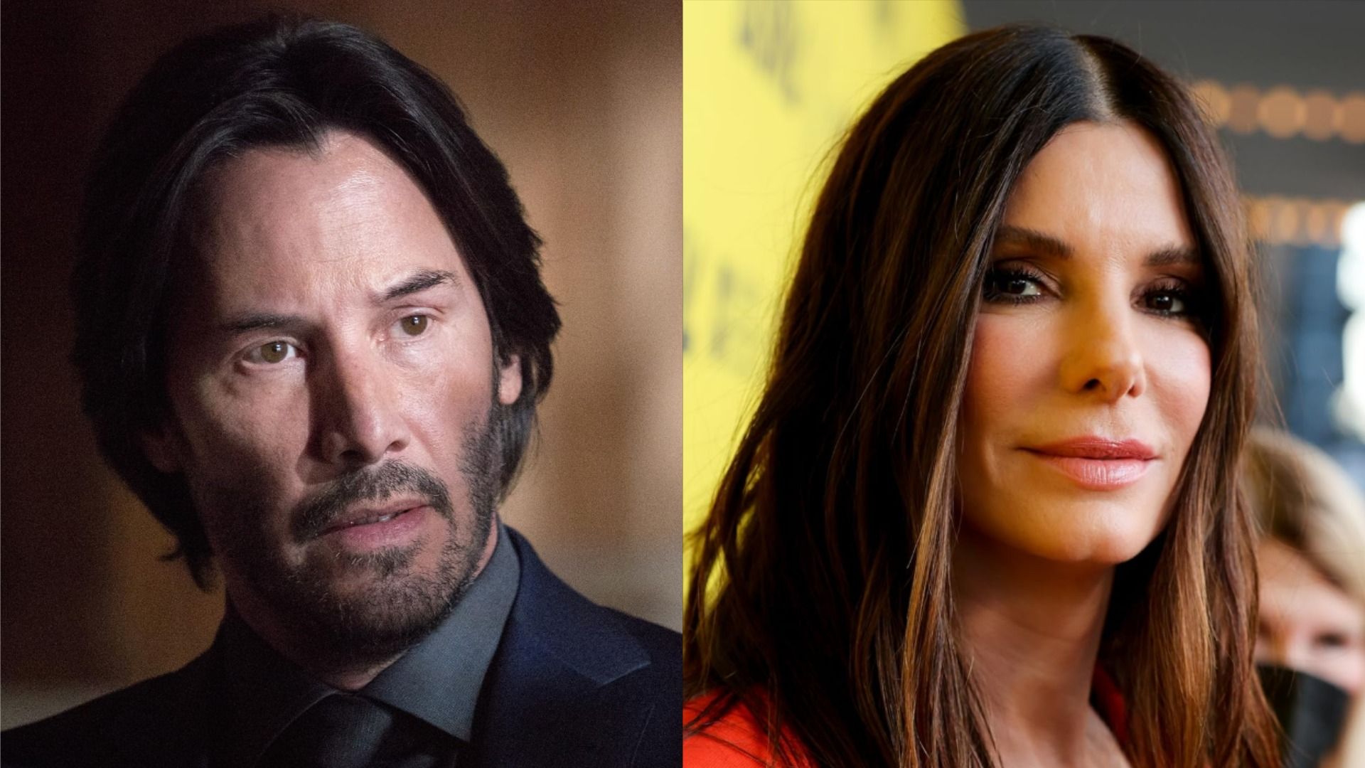 Actorul Keanu Reeves într-o jachetă privește în lateral pe un fundal maro, actrița Sandra Bullock zâmbește către cameră pe un fundal galben
