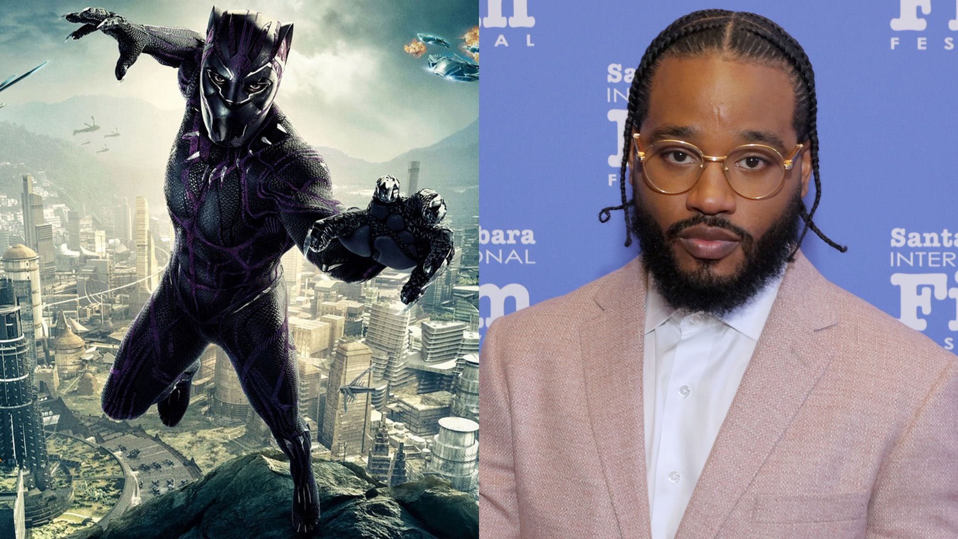 Colaj: Chadwick Boseman în rolul Black Panther din filmul 'Black Panther'; regizorul Ryan Coogler cu ochelari și o jachetă bej