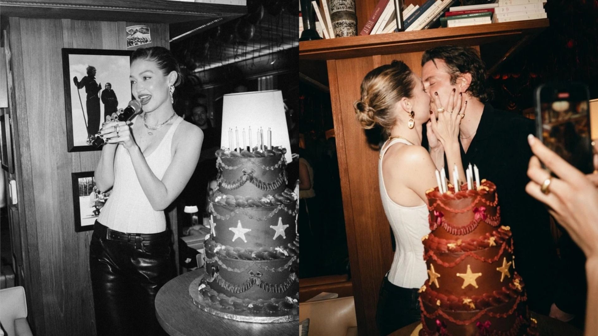 Modelul Gigi Hadid într-un corset alb îl sărută pe actorul Bradley Cooper pe buze pe fundalul unui raft plin cu cărți