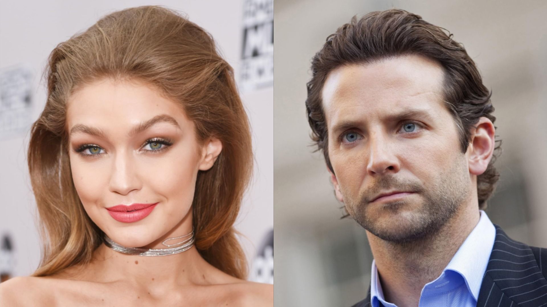 Modelul Gigi Hadid se uită la cameră și zâmbește, actorul Bradley Cooper privește în altă parte