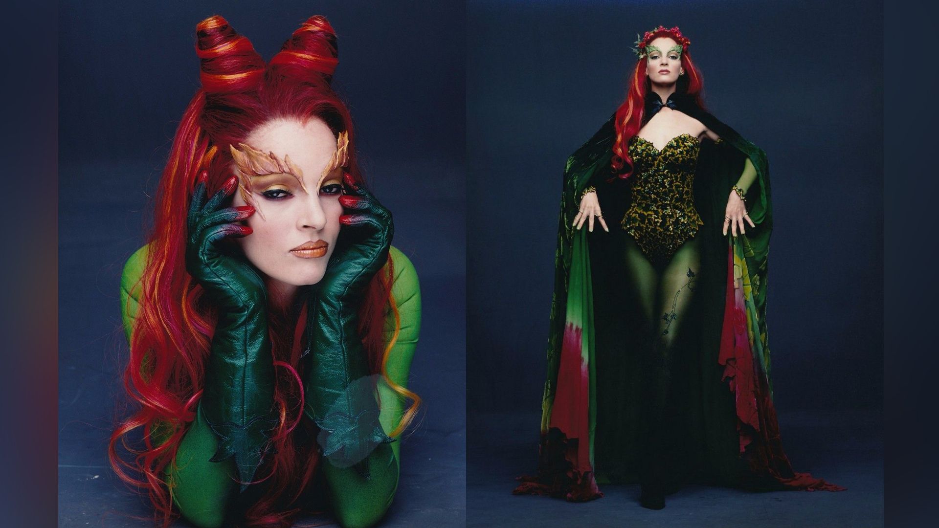 Colaj: Uma Thurman ca Poison Ivy din filmul 'Batman & Robin' în înălțime completă și prim-plan