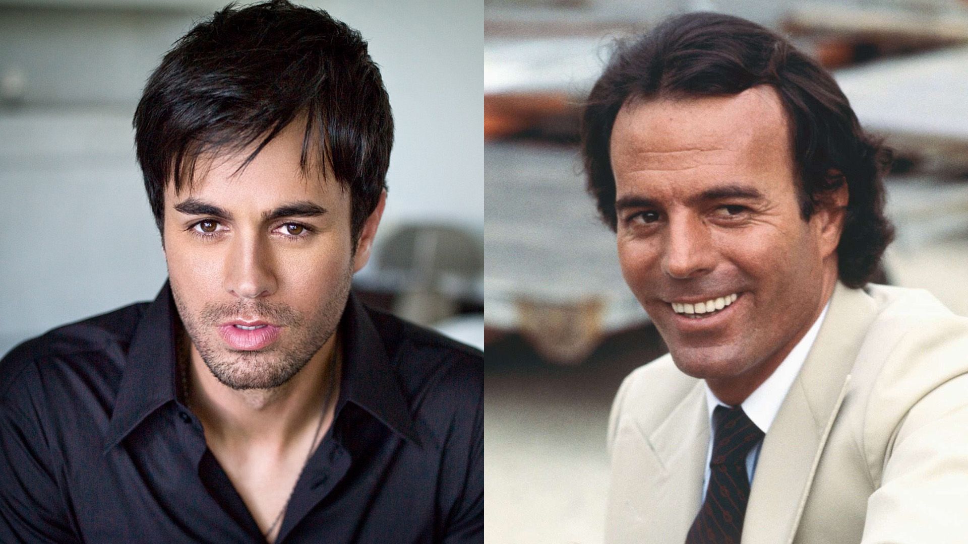 Colaj: Enrique Iglesias într-o cămașă neagră și Julio Iglesias într-o jachetă bej