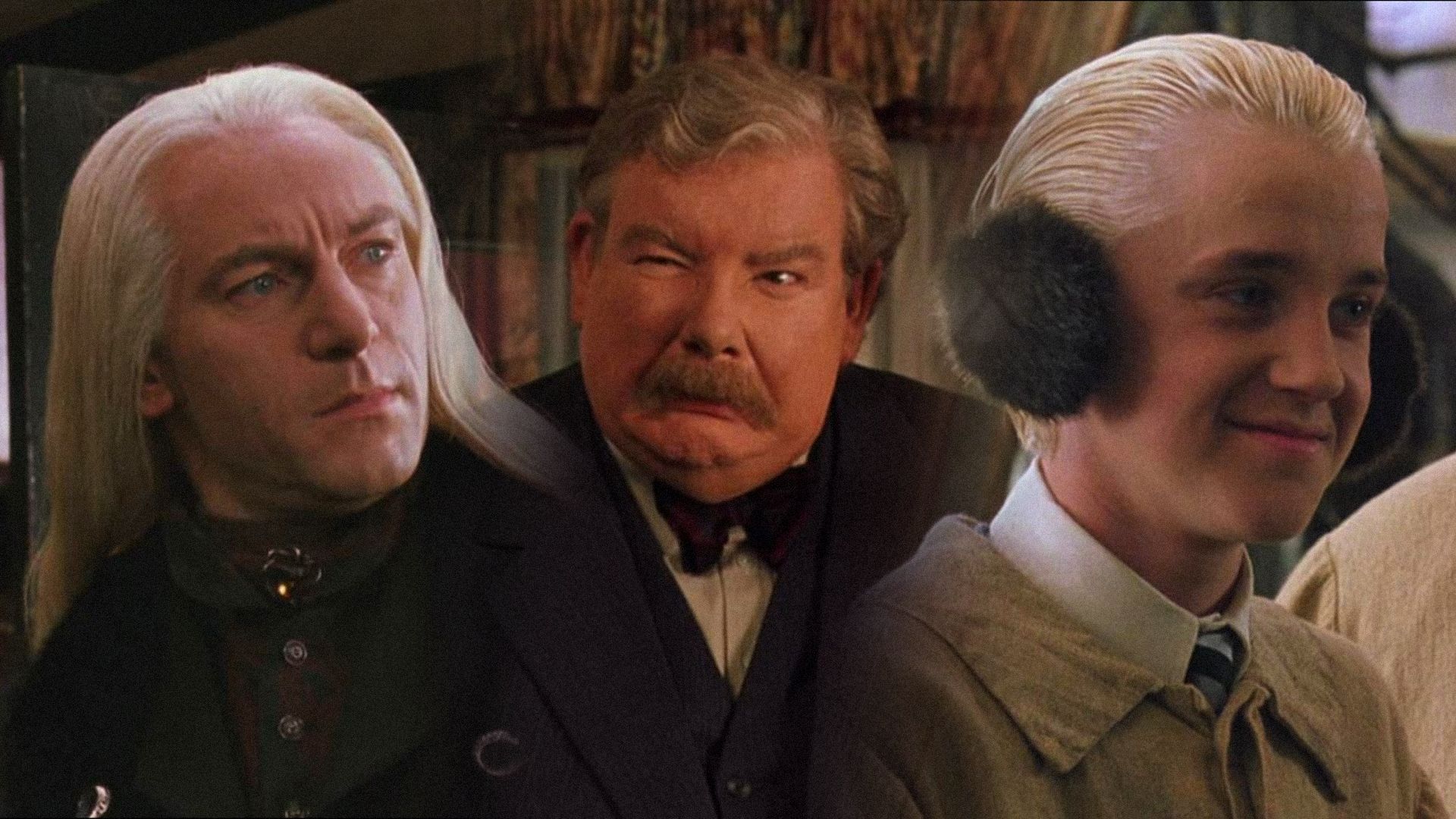 Actors Jason Isaacs, Richard Griffiths and Tom Felton in black and brown suits