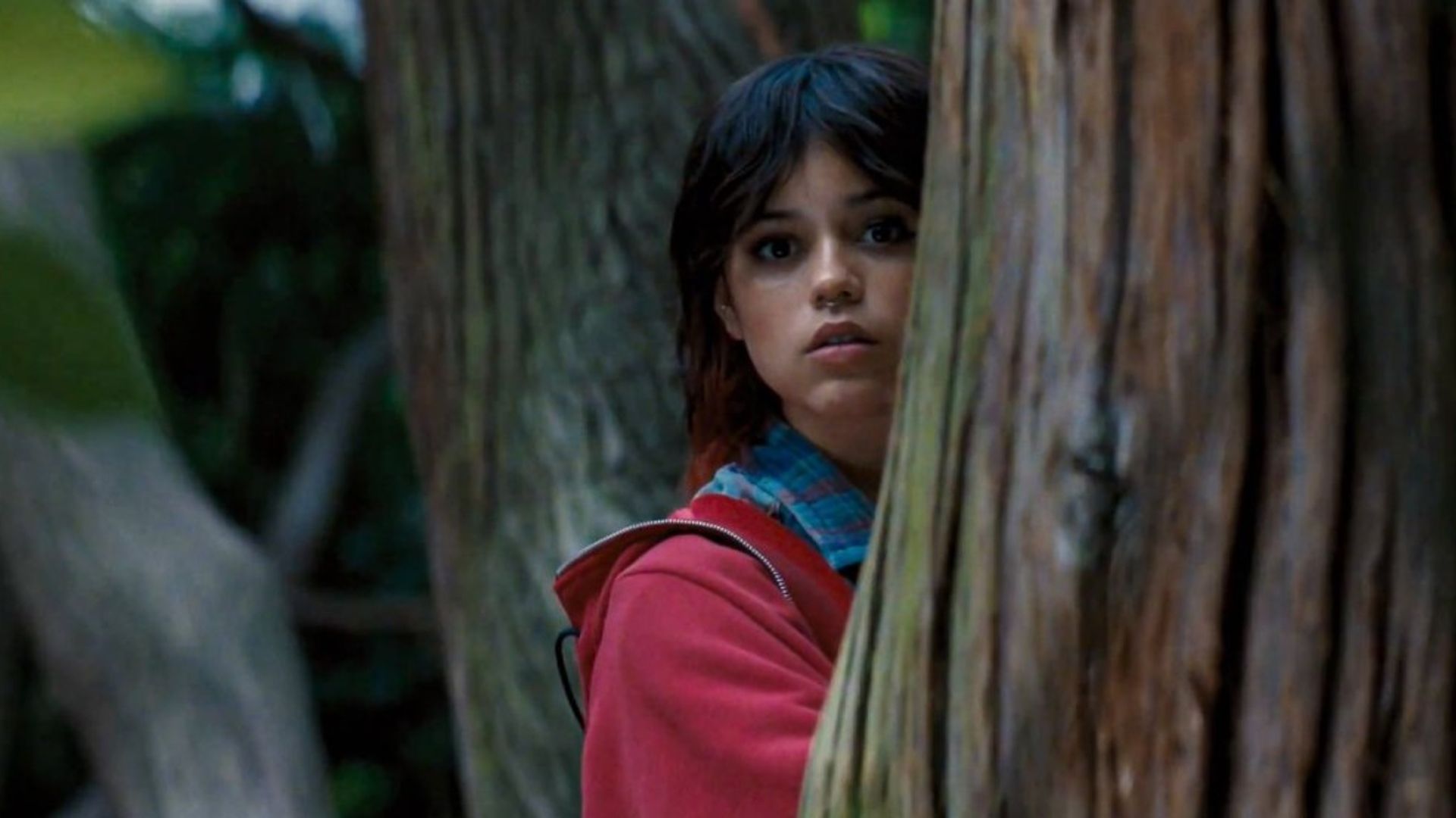 Actrița Jenna Ortega se uită de după un copac, purtând un pulover roz