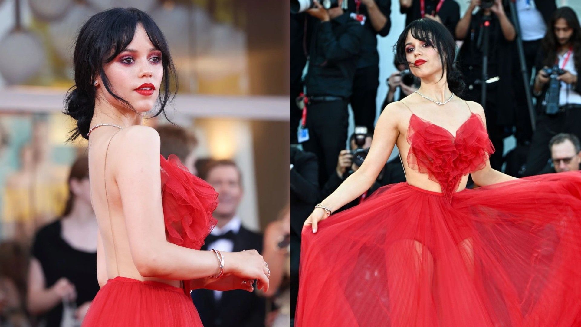 Jenna Ortega într-o rochie roșie cu spatele gol și detaliu în formă de inimă pe piept, colaj din două fotografii