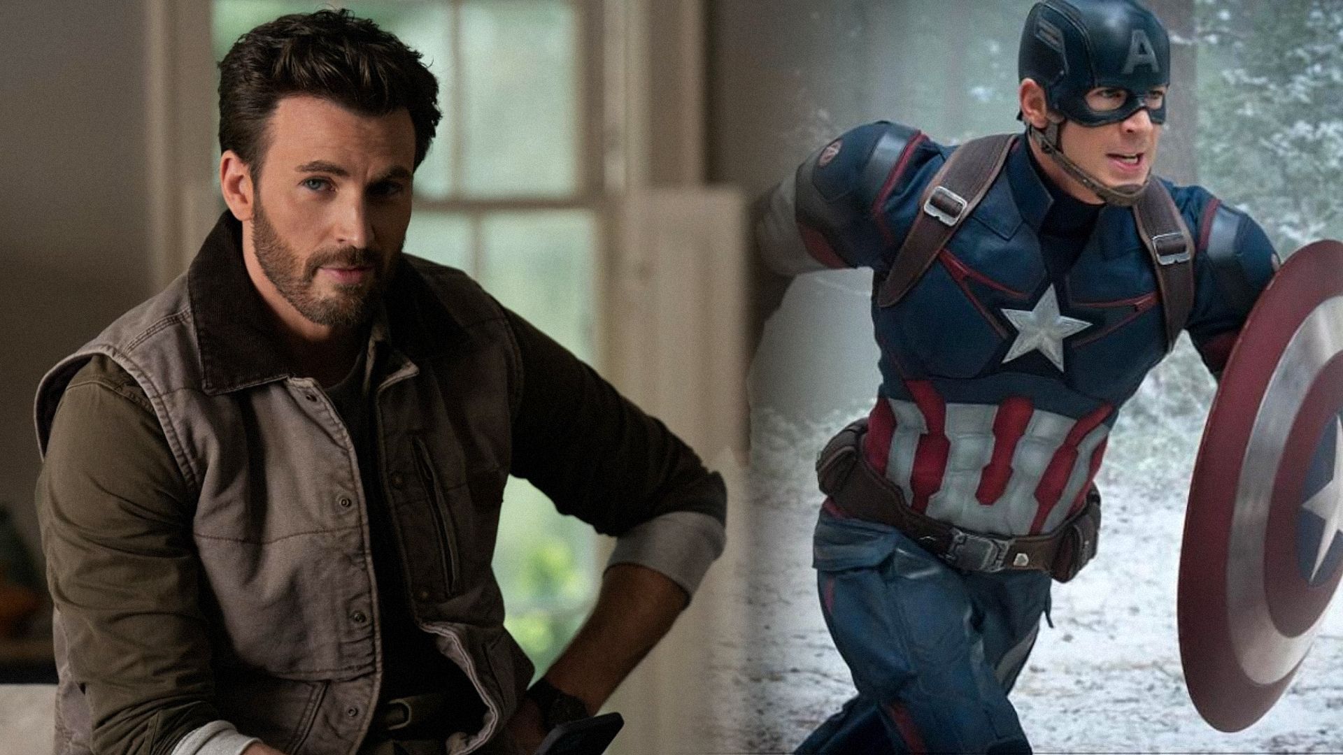Actorul Chris Evans într-o vestă gri și costum de supererou alergând prin pădure cu scutul