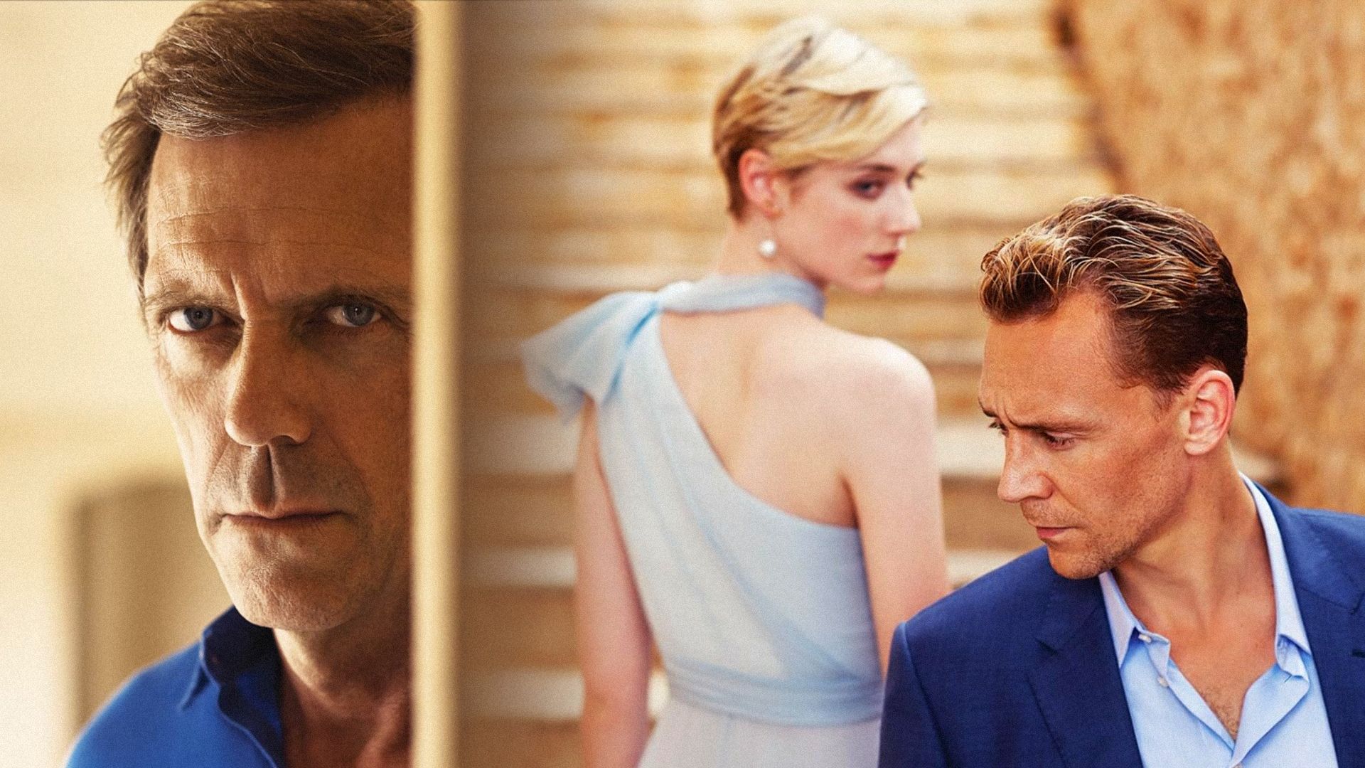Actorul Hugh Laurie se uită discret de după un colț, în dreapta lui actorul Tom Hiddleston stă într-o jachetă albastră în unghi de trei sferturi