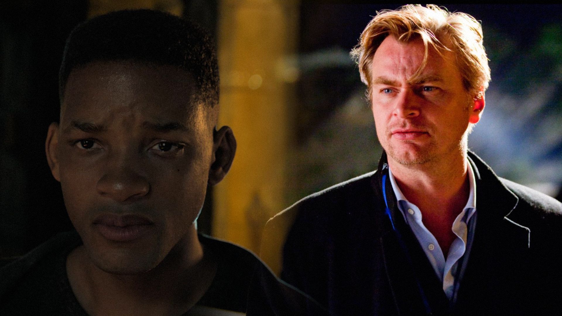 Will Smith într-o jachetă neagră și regizorul Christopher Nolan într-un palton negru privind într-o parte