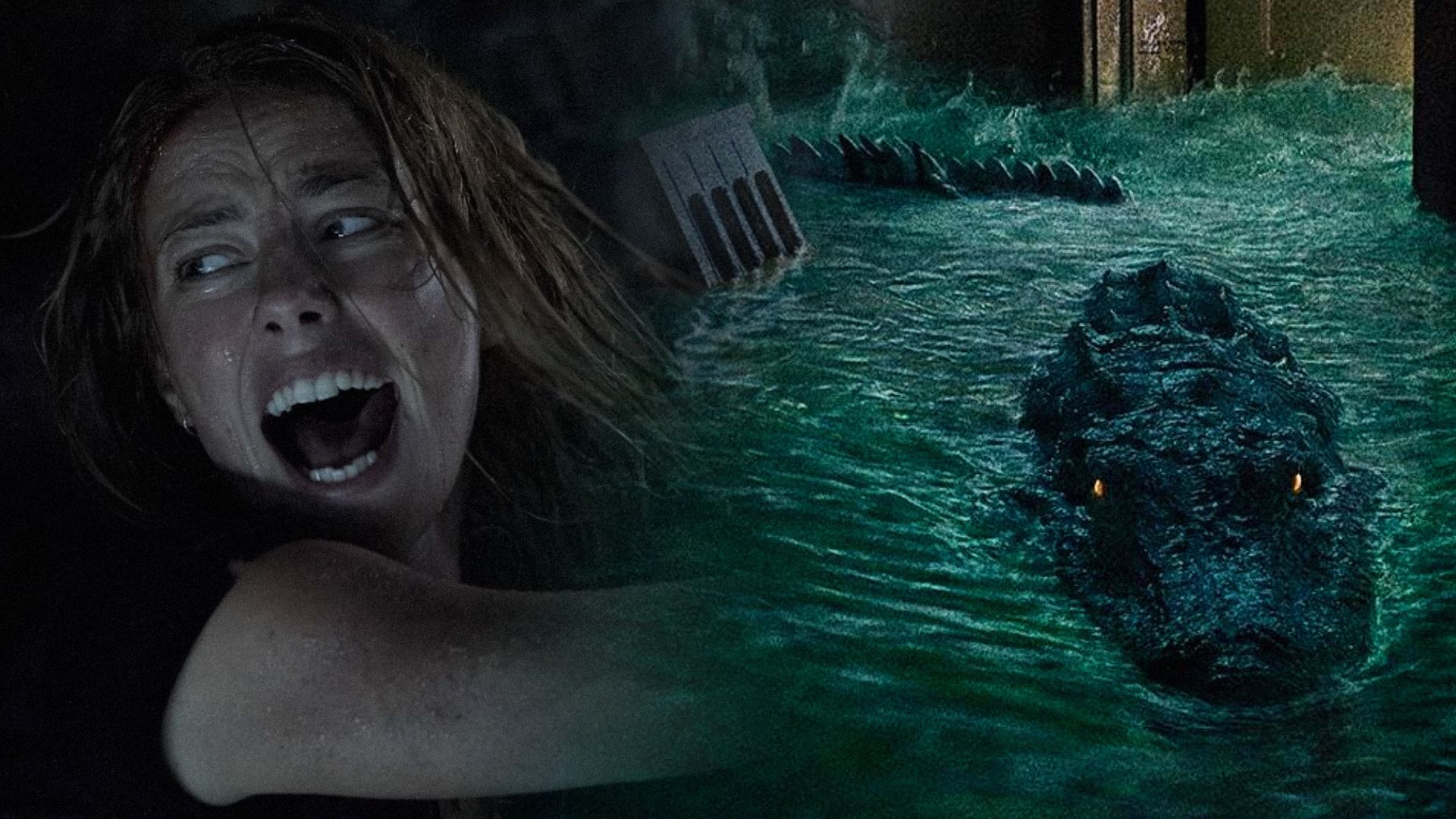 O fată care țipă într-un tricou negru și un aligator înotând printr-un apartament inundat