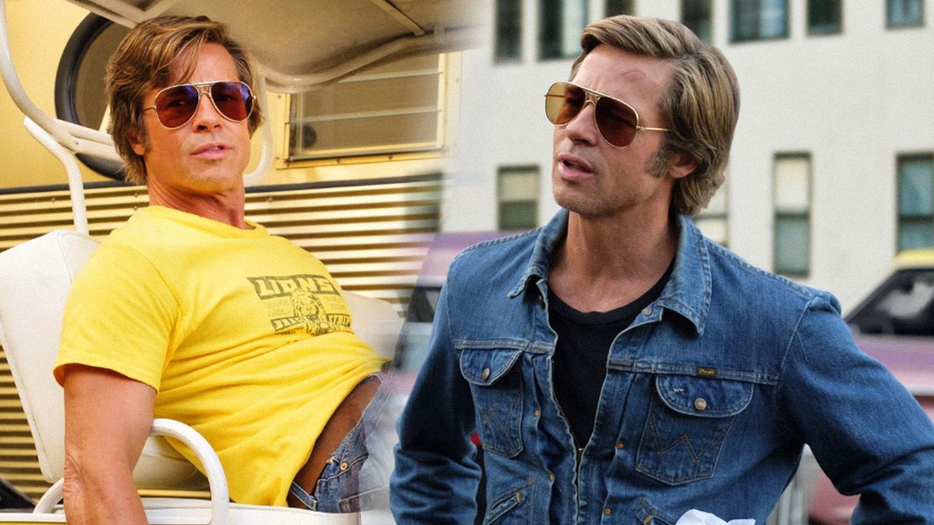 Actorul Brad Pitt în rolul lui Cliff Booth, în blugi și ochelari
