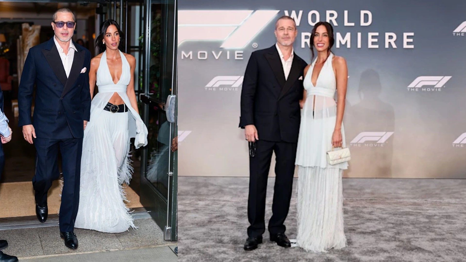 Brad Pitt în costum închis și Ines de Ramon în top și fustă albă pozând pentru camere