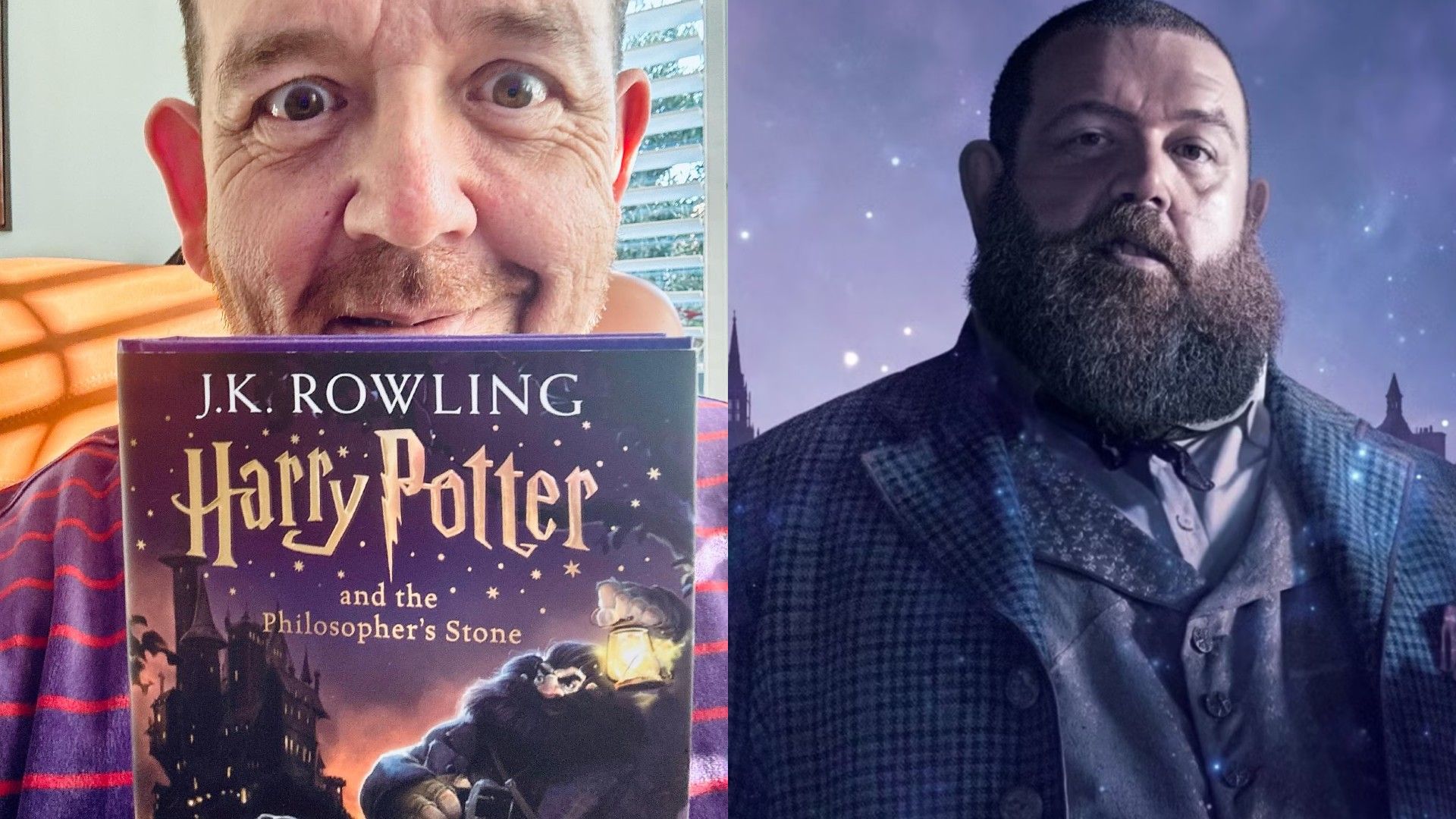 În dreapta, Nick Frost pe un fundal mov, în costum, în stânga ține cartea "Harry Potter and the Philosopher's Stone"