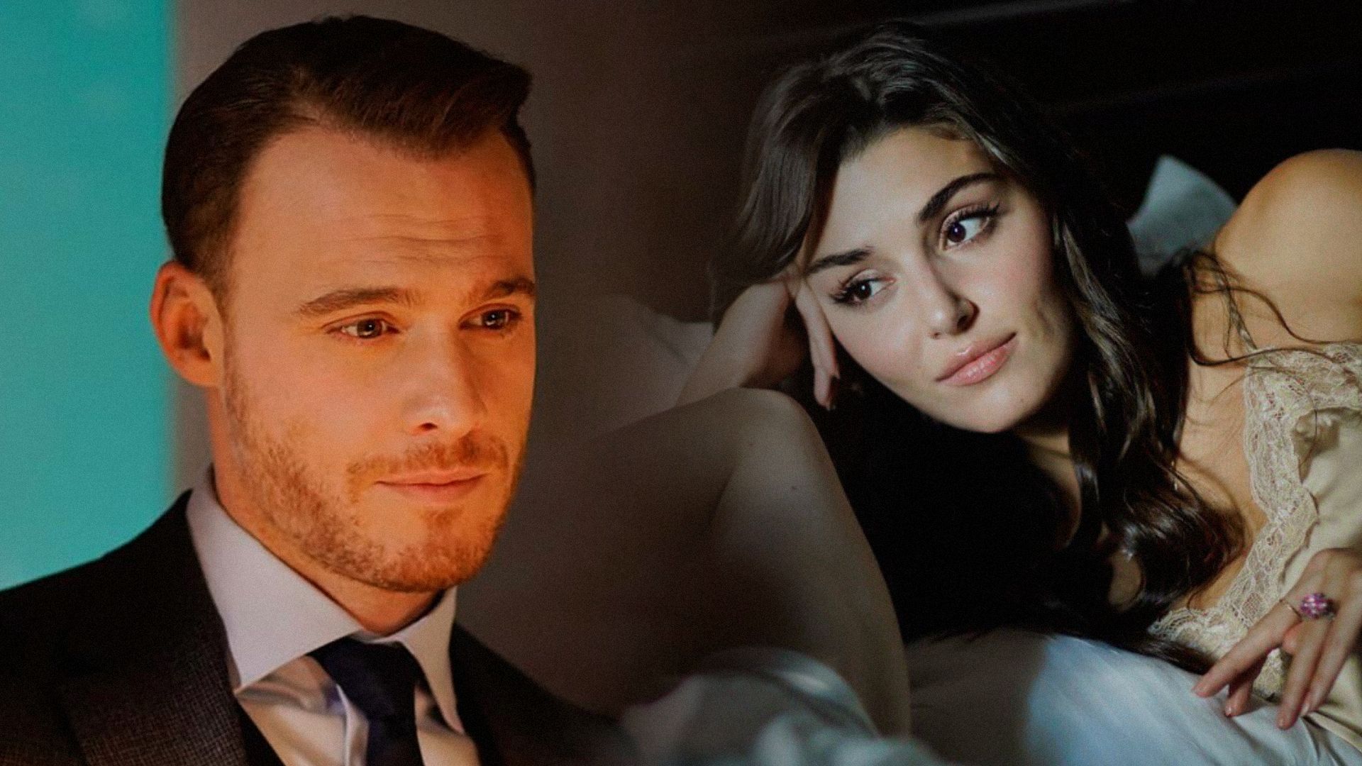 Actorul Kerem Bursin într-o jachetă neagră și actrița Hande Ercel într-o cămaș de noapte, întinși pe pat