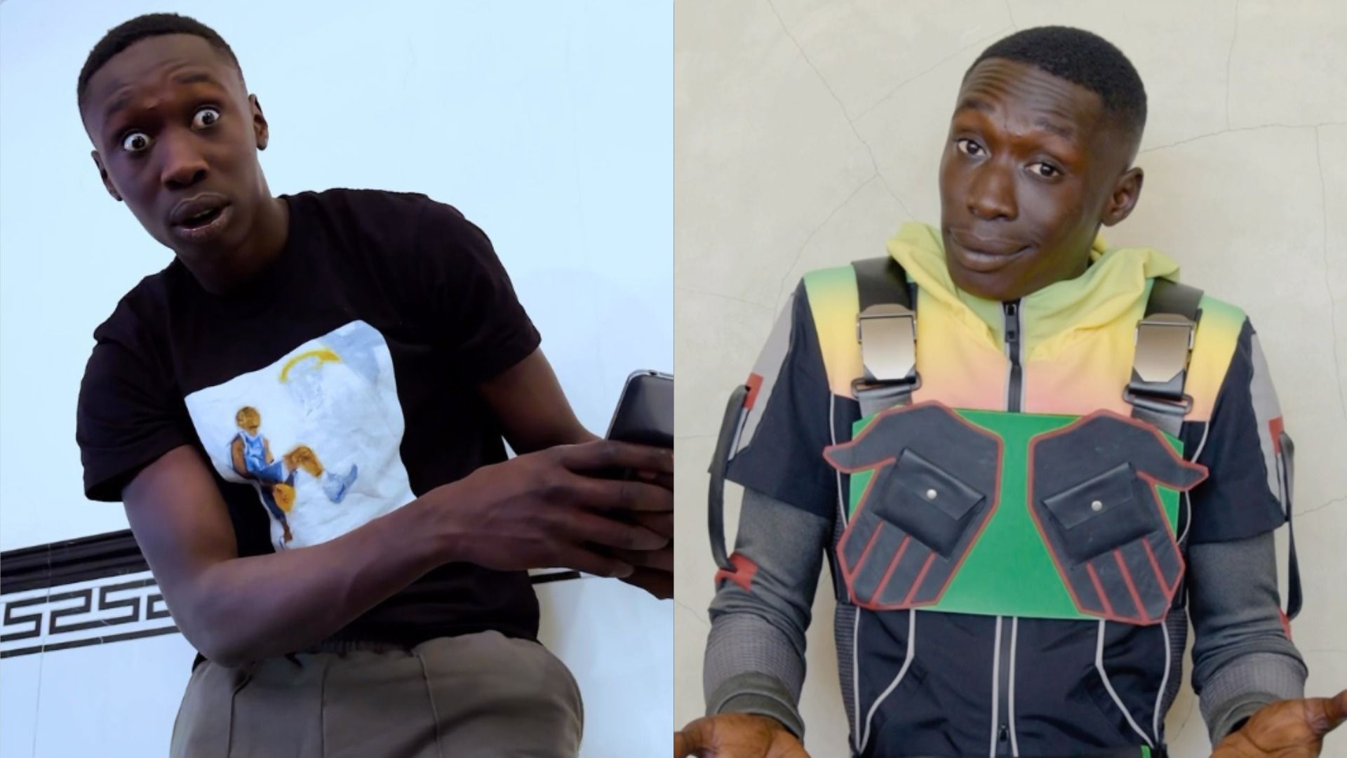 Bloggerul Khaby Lame într-un tricou negru se uită în lateral cu surprindere