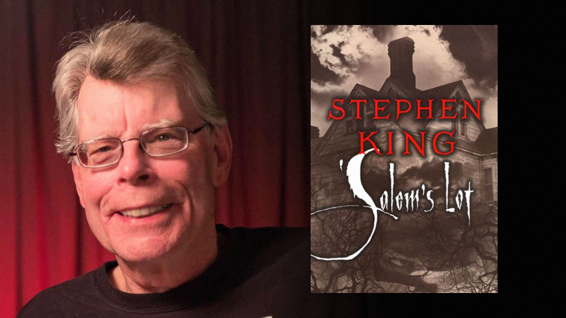 Scriitorul Stephen King într-o cămașă neagră pe un fundal roșu cu o carte cu o casă veche