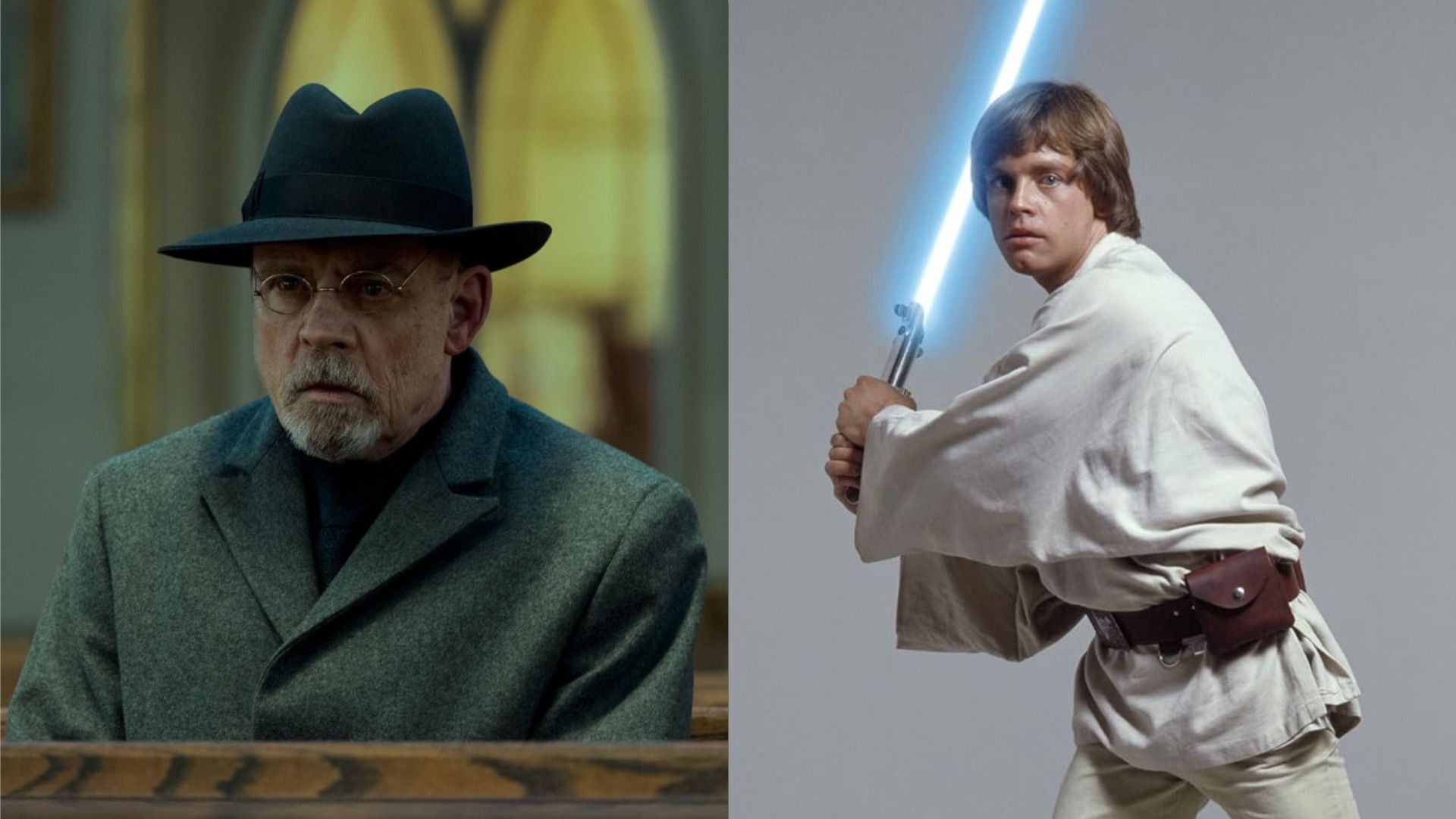 Actorul Mark Hamill cu o pălărie și ochelari stă pe o bancă, în dreapta - el cu un lightsaber și în haine albe